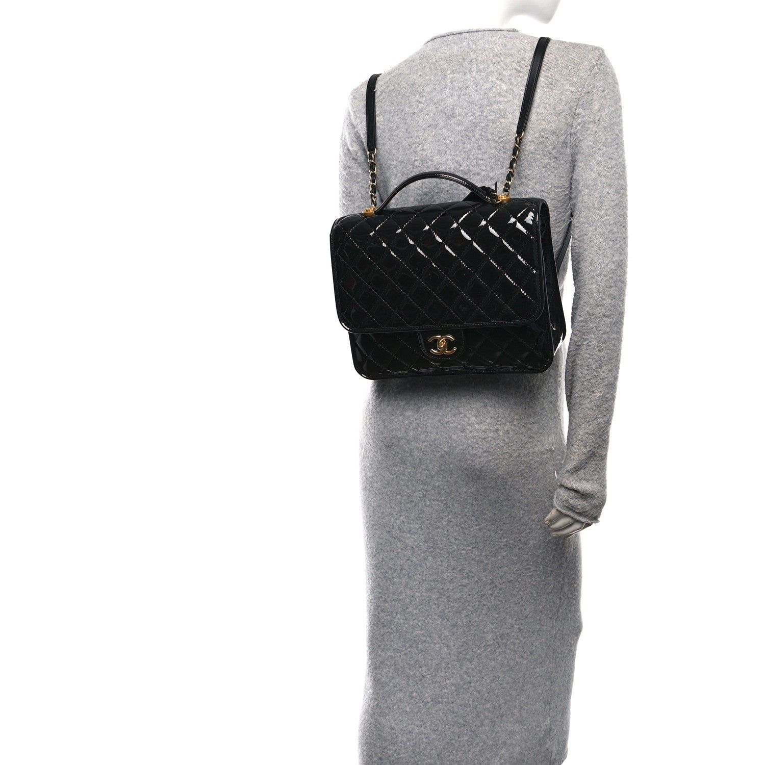 Patent Quilted Large School Memory Top Handle Flap Black