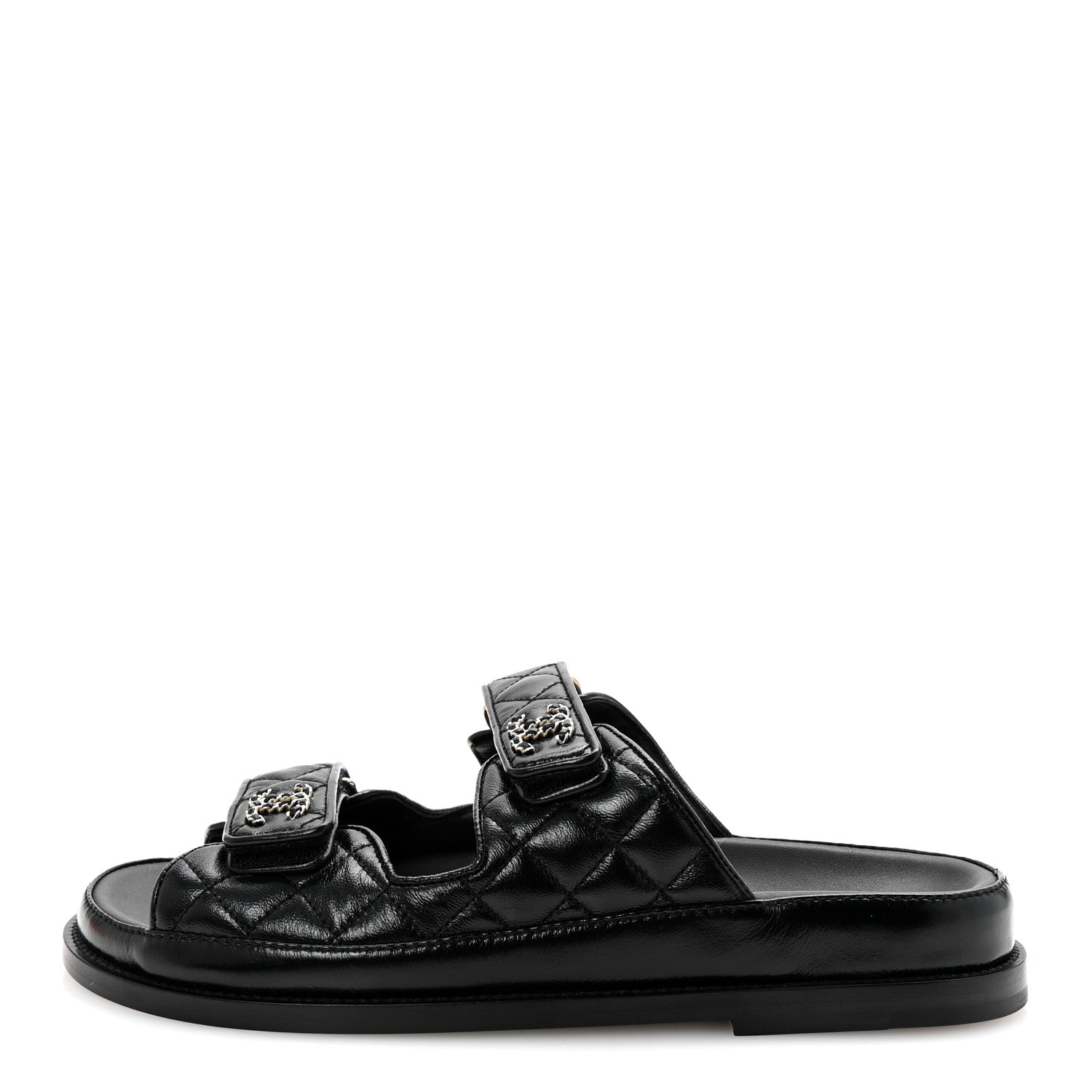Lambskin Quilted Velcro Dad Chain CC Slide Sandals 38.5 Black