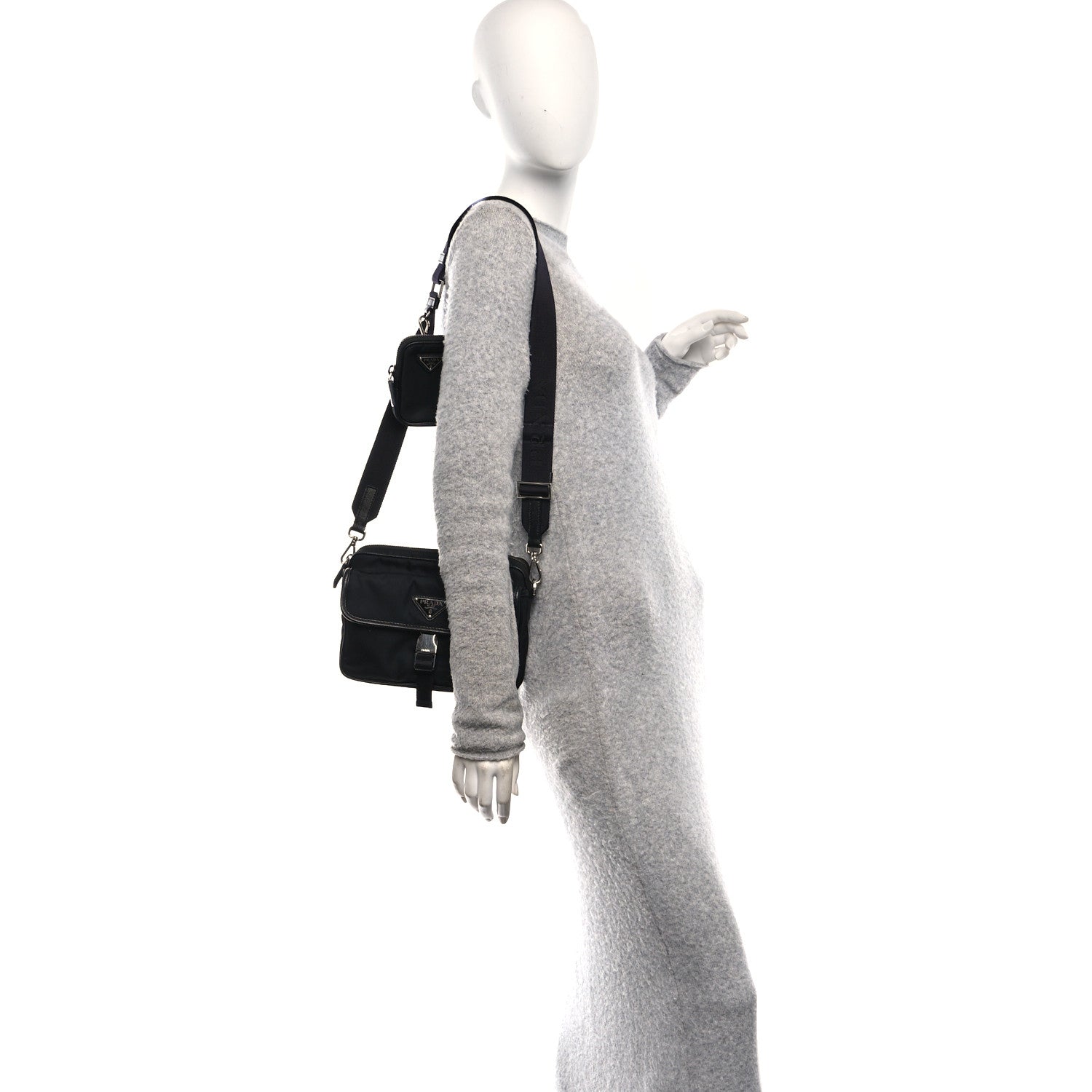 Re-Nylon Saffiano Pocket Single Snap Buckle Shoulder Bag Black