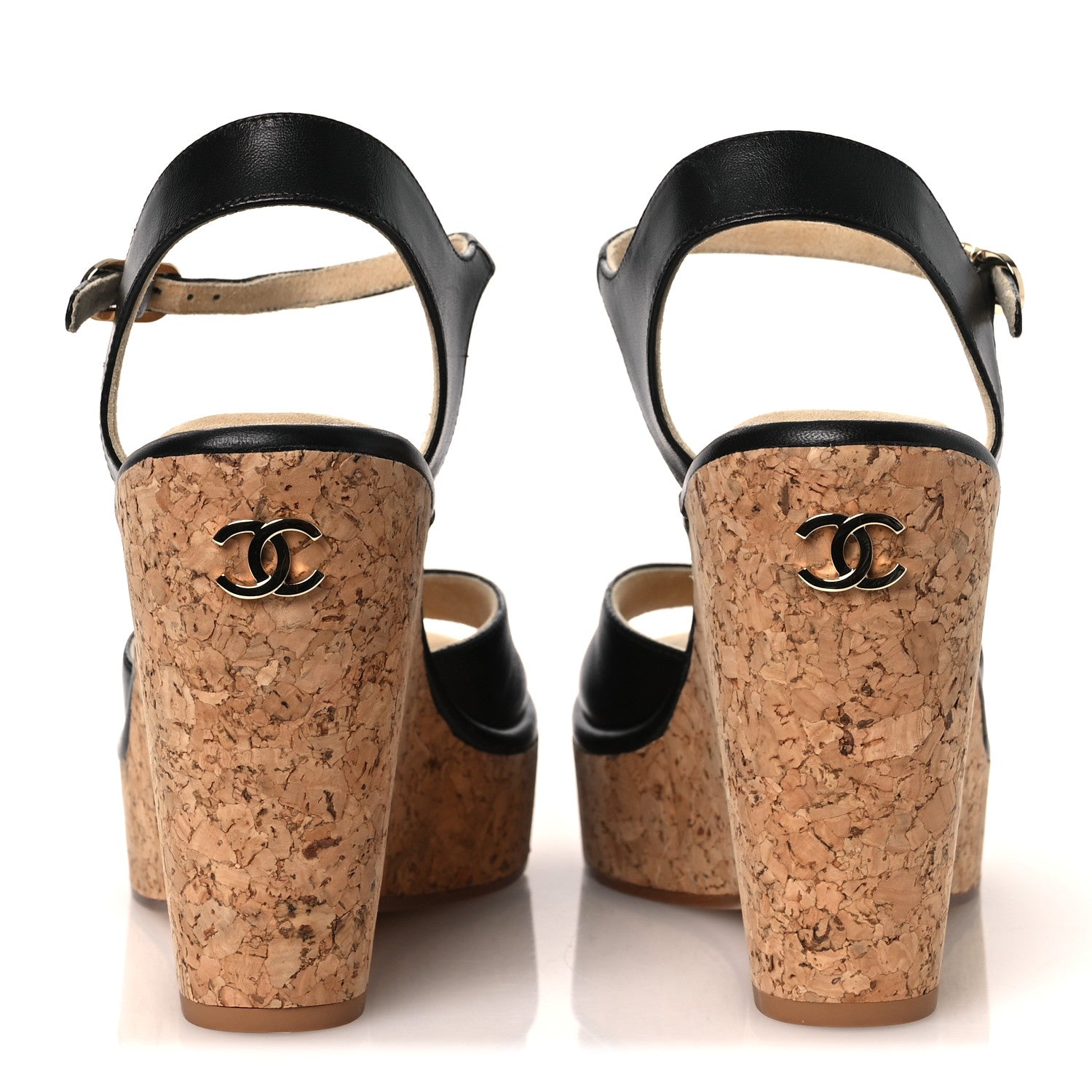 Shiny Lambskin Cork Wedge Sandals 40 Black