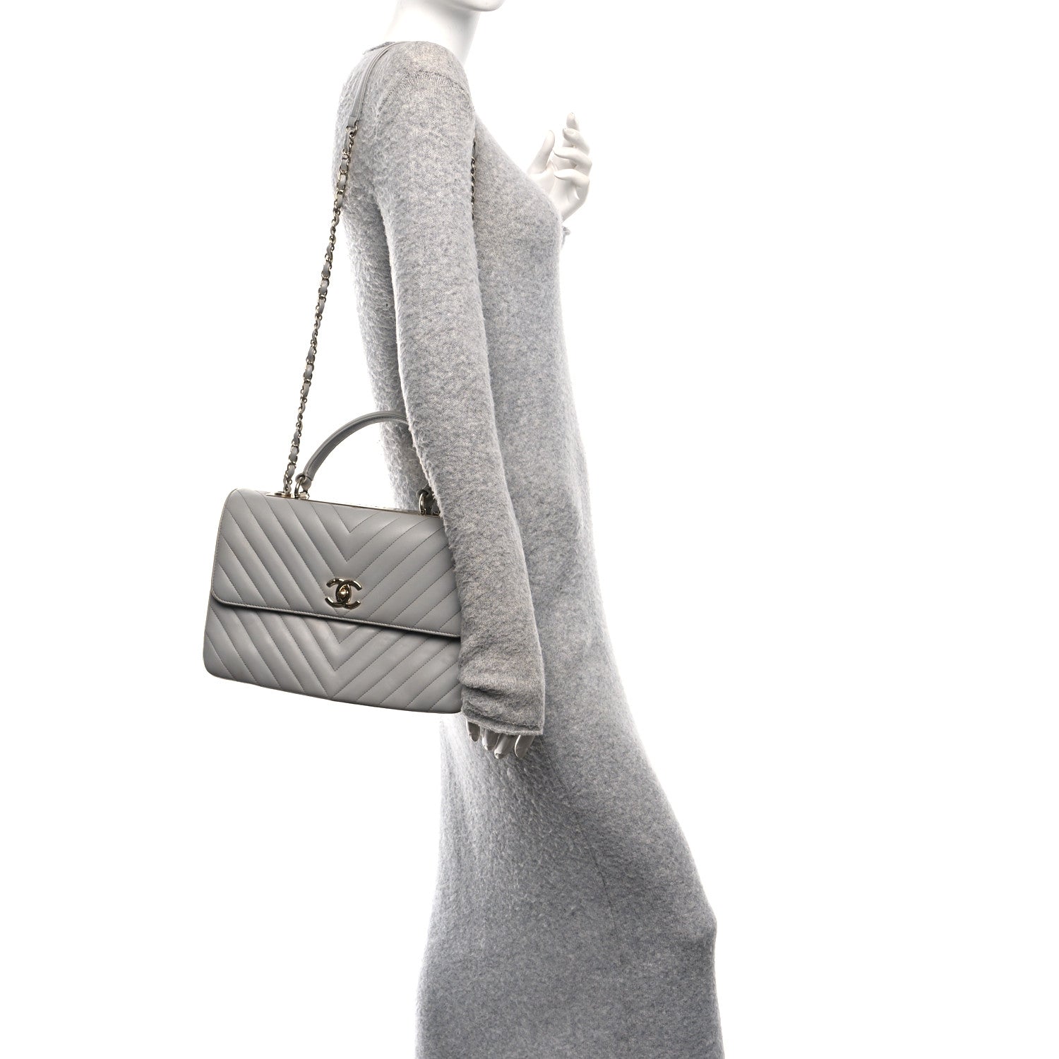 Lambskin Chevron Quilted Medium Trendy CC Dual Handle Flap Bag Grey