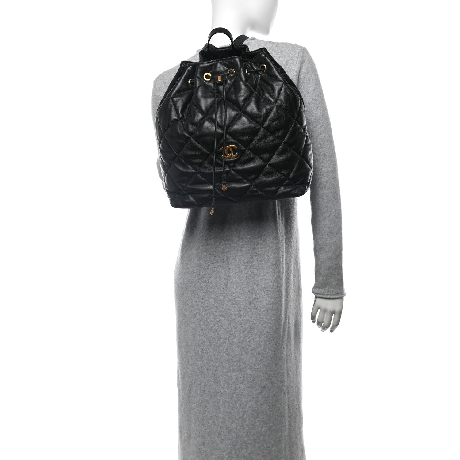 Lambskin Quilted Drawstring Backpack Black