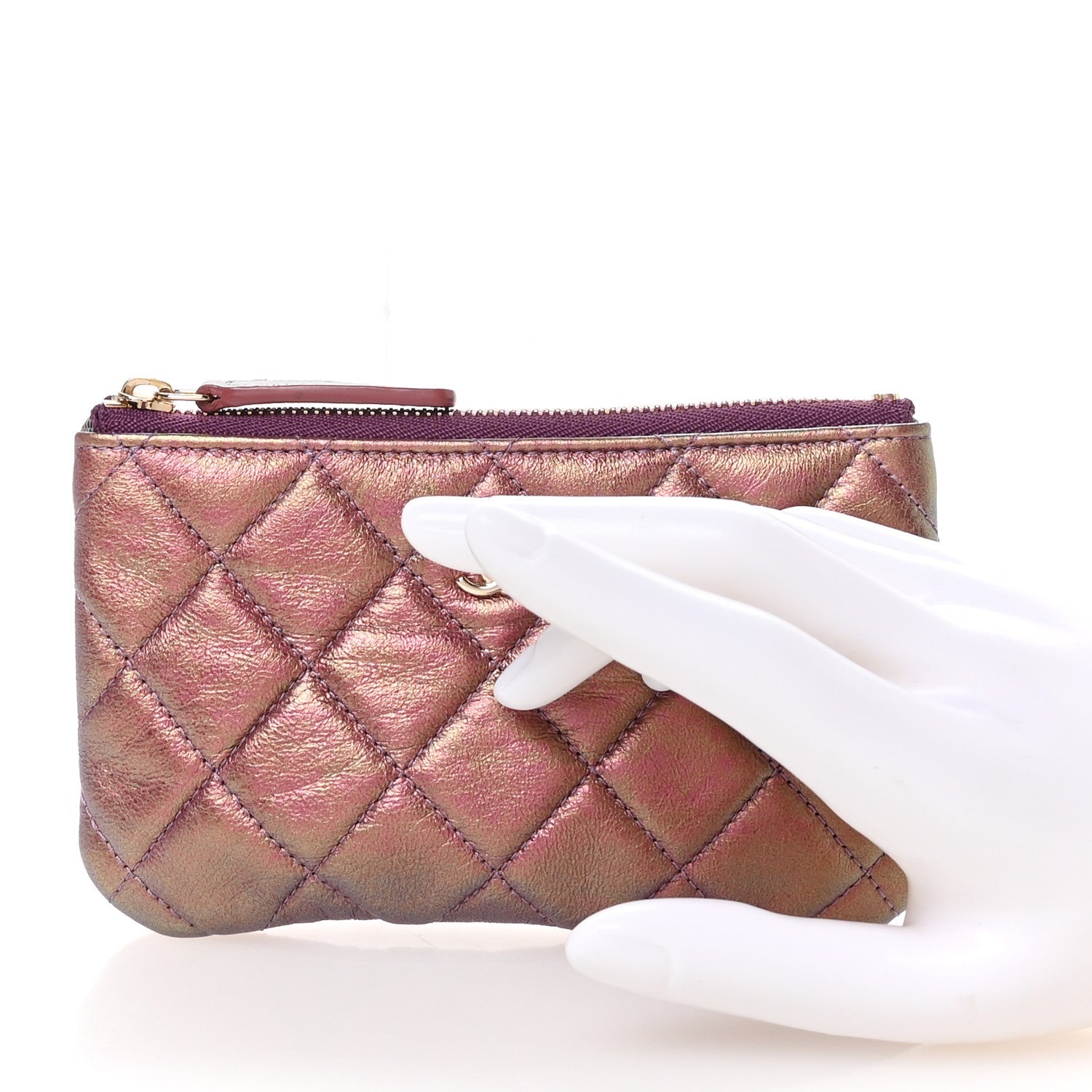 Iridescent Lambskin Quilted Small Cosmetic Case Purple