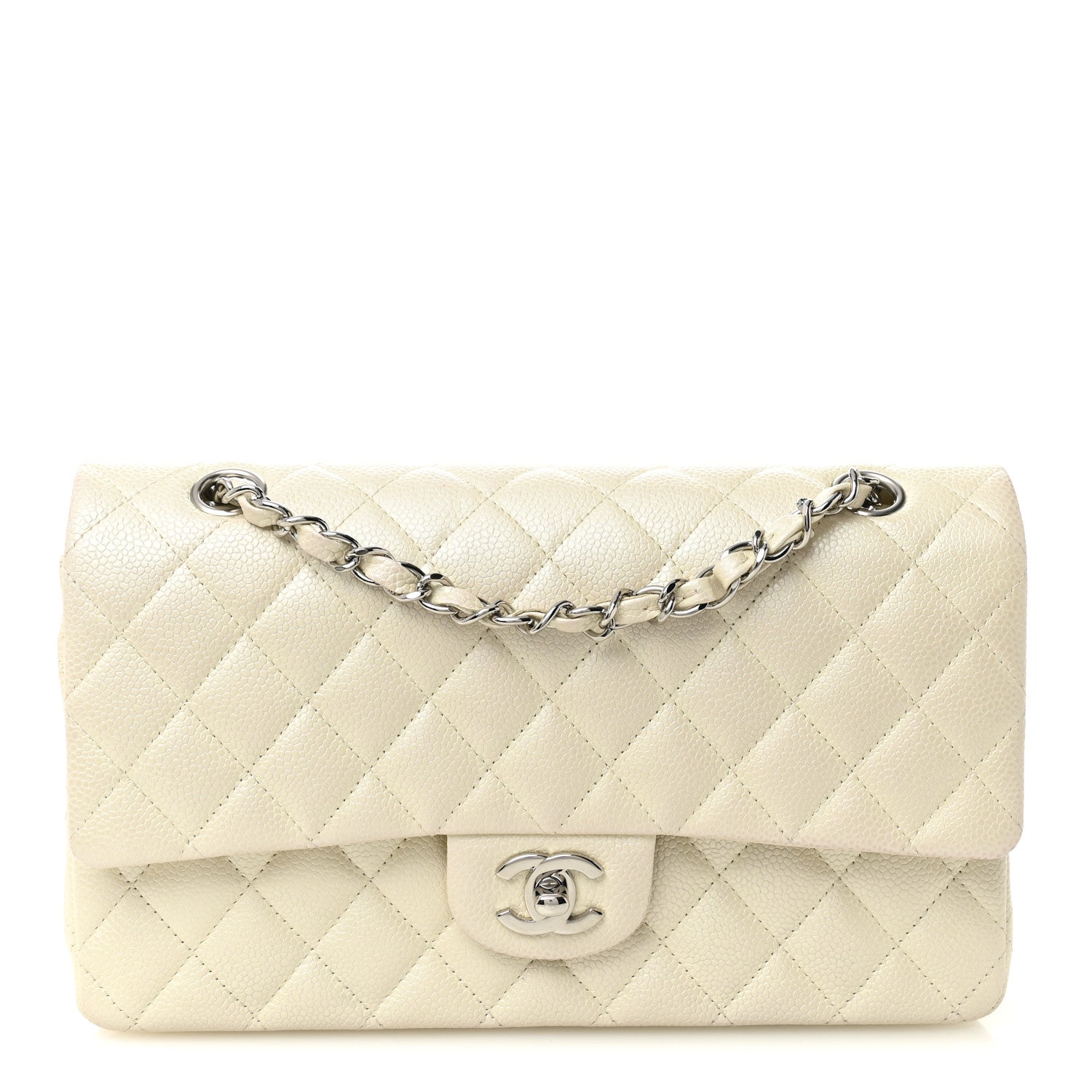 Iridescent Caviar Quilted Medium Double Flap White