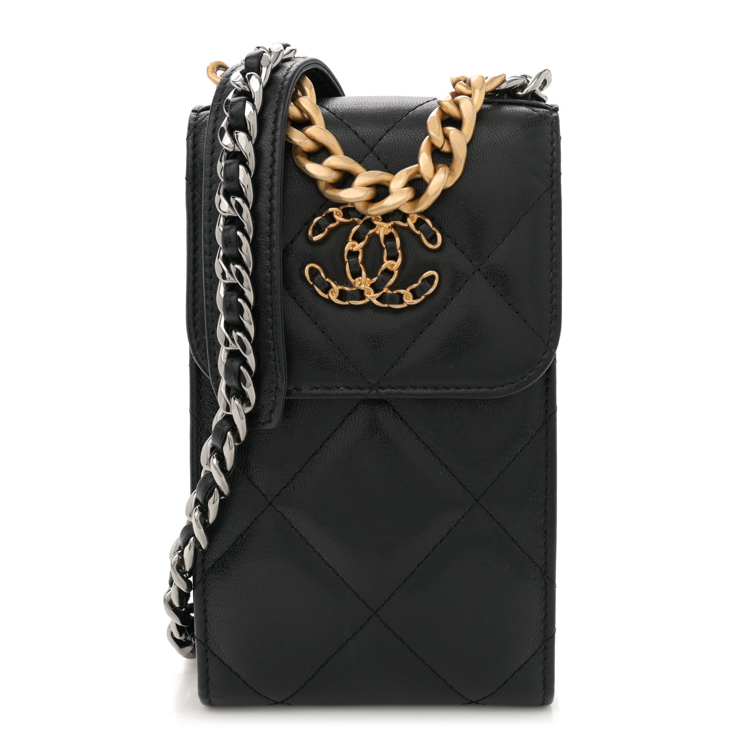Lambskin Quilted Chanel 19 Phone Holder With Chain Black