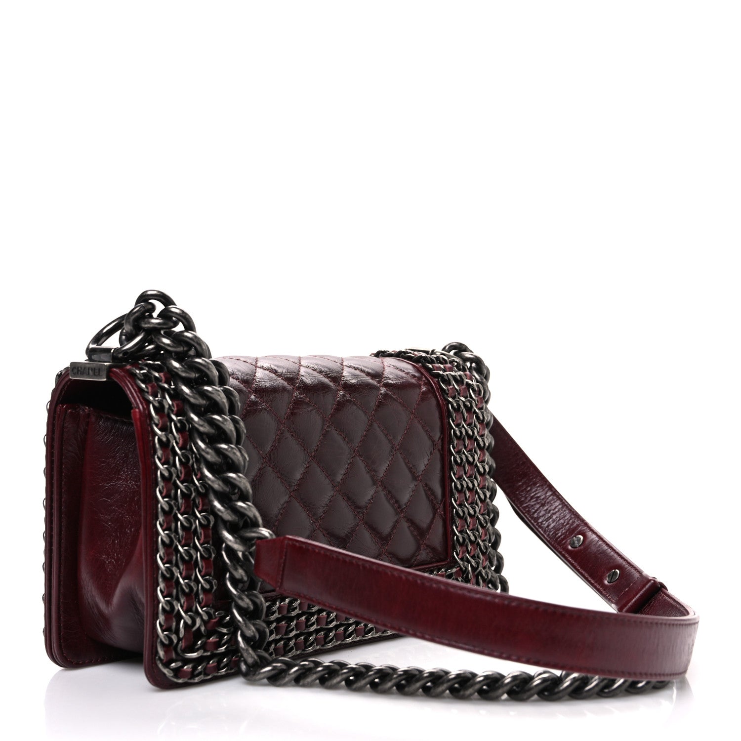 Glazed Calfskin Quilted Small Boy Chained Flap Burgundy
