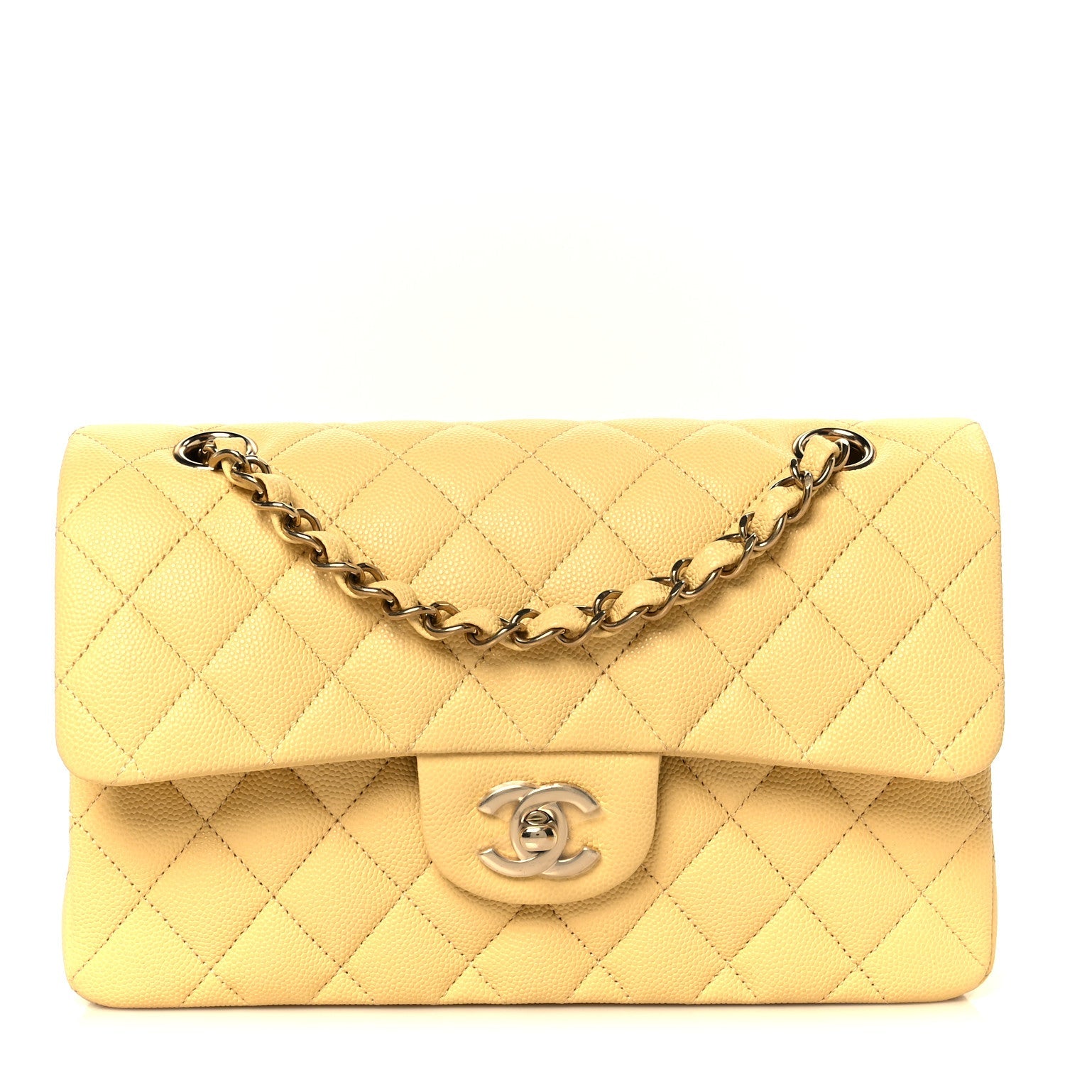 Caviar Quilted Small Double Flap Light Yellow
