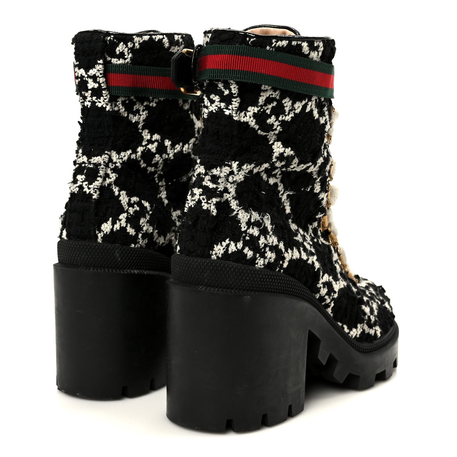 Tweed GG Monogram Lace Up Combat Ankle Boots 38 Black