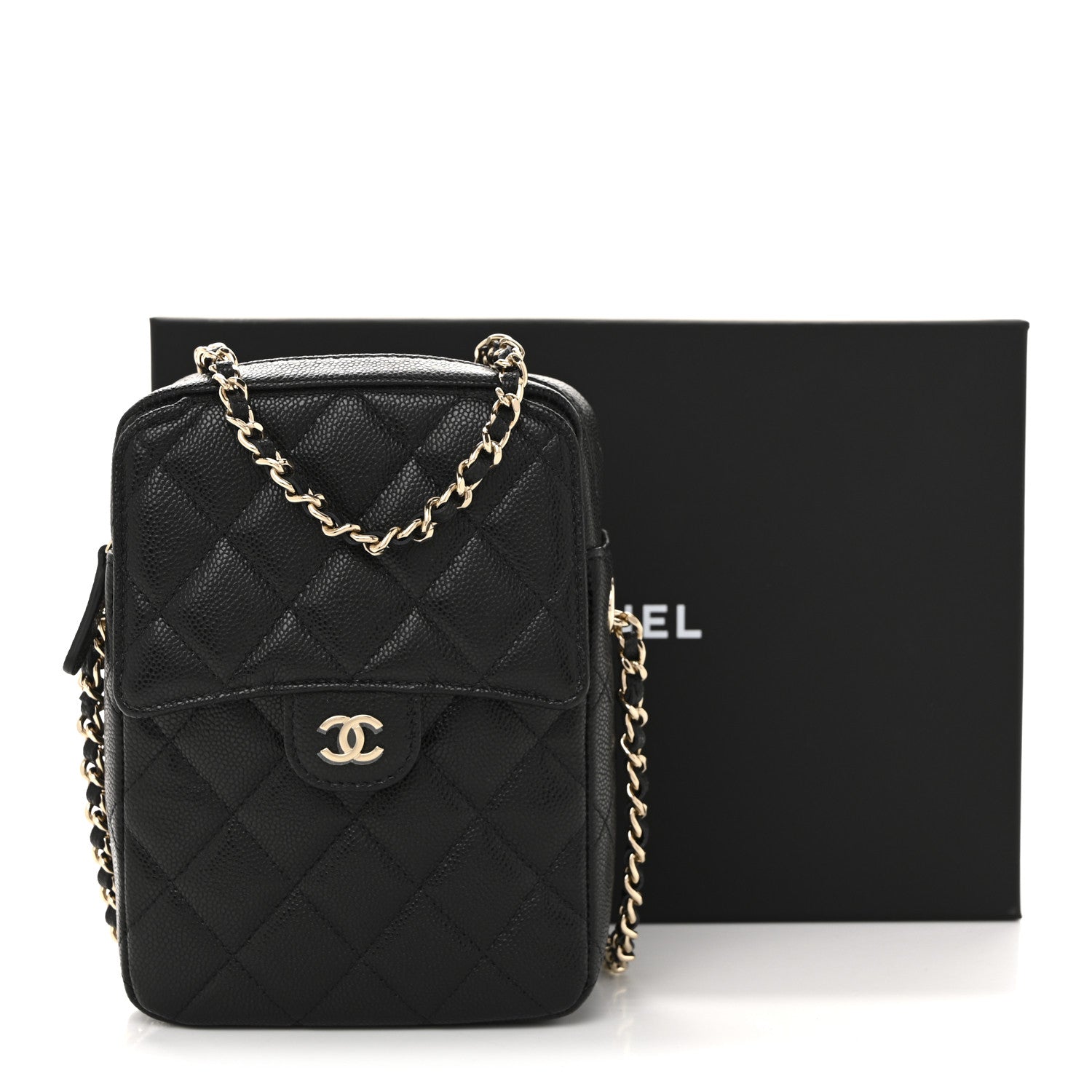 Caviar Quilted Vertical Flap With Chain Black