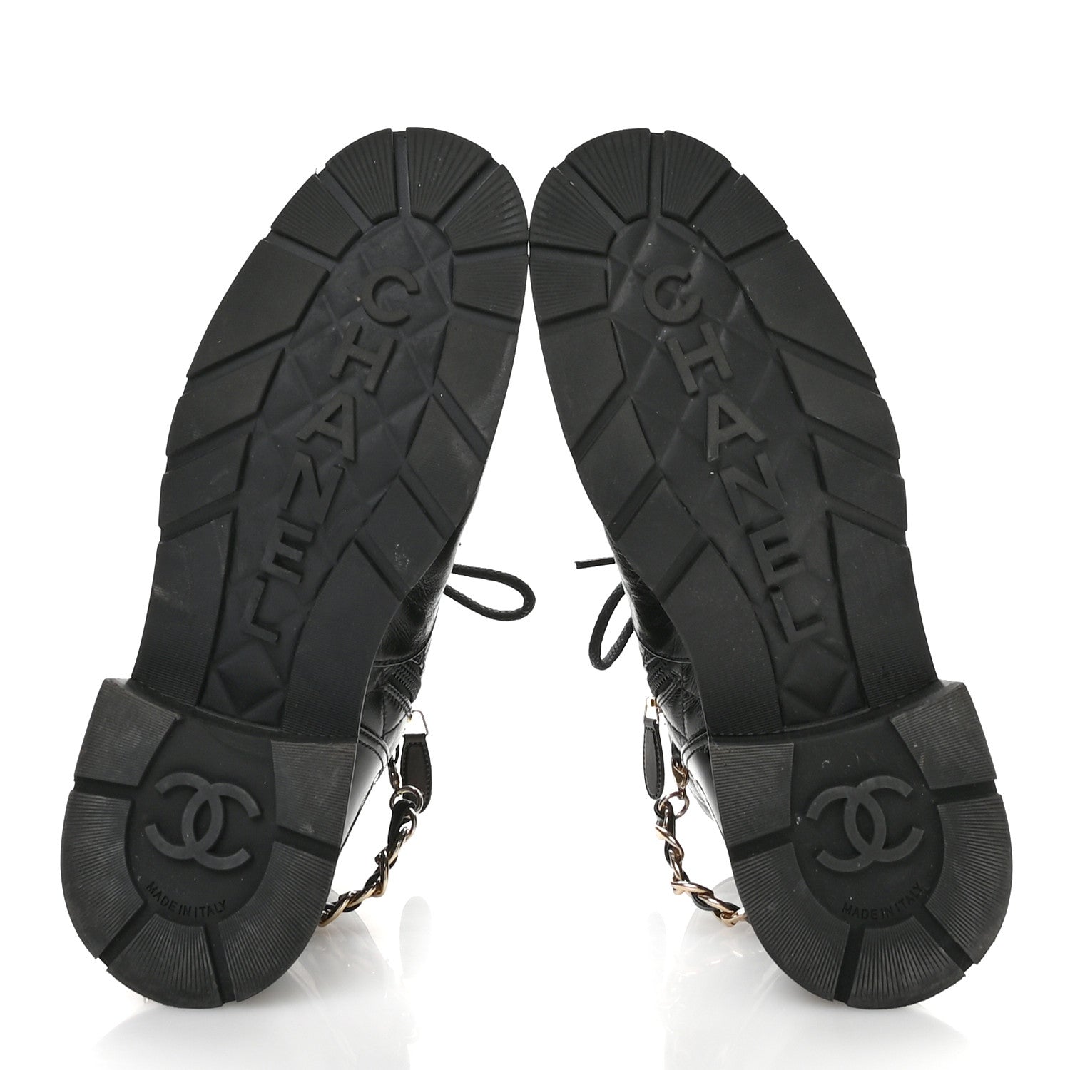 Shiny Calfskin Patent Quilted Chain Lace Up Combat Boots 40 Black