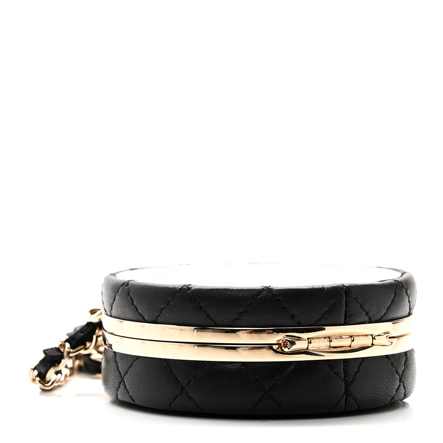 Lambskin Enamel Quilted Round Poker Chip Clutch With Chain Black White