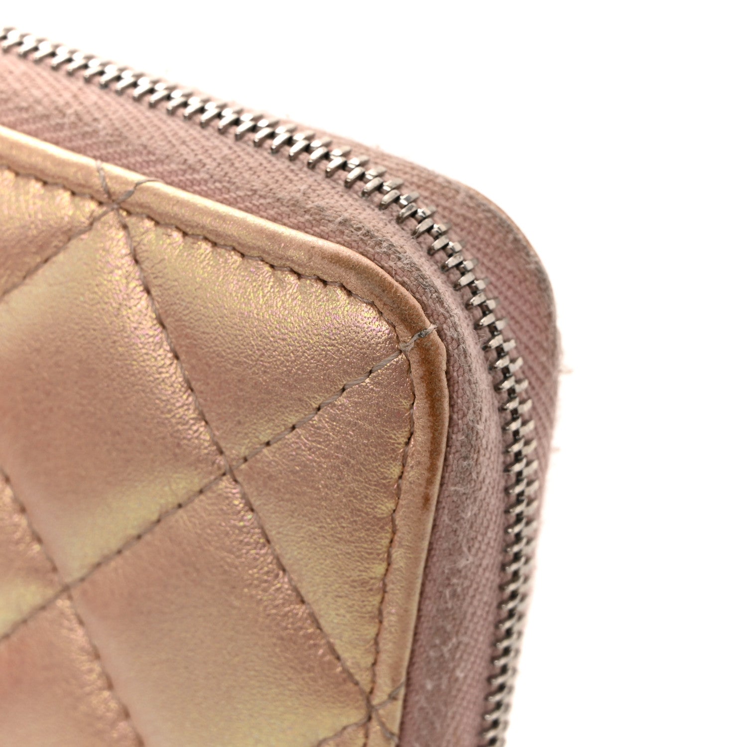Iridescent Lambskin Quilted Large Gusset Zip Around Wallet Pink