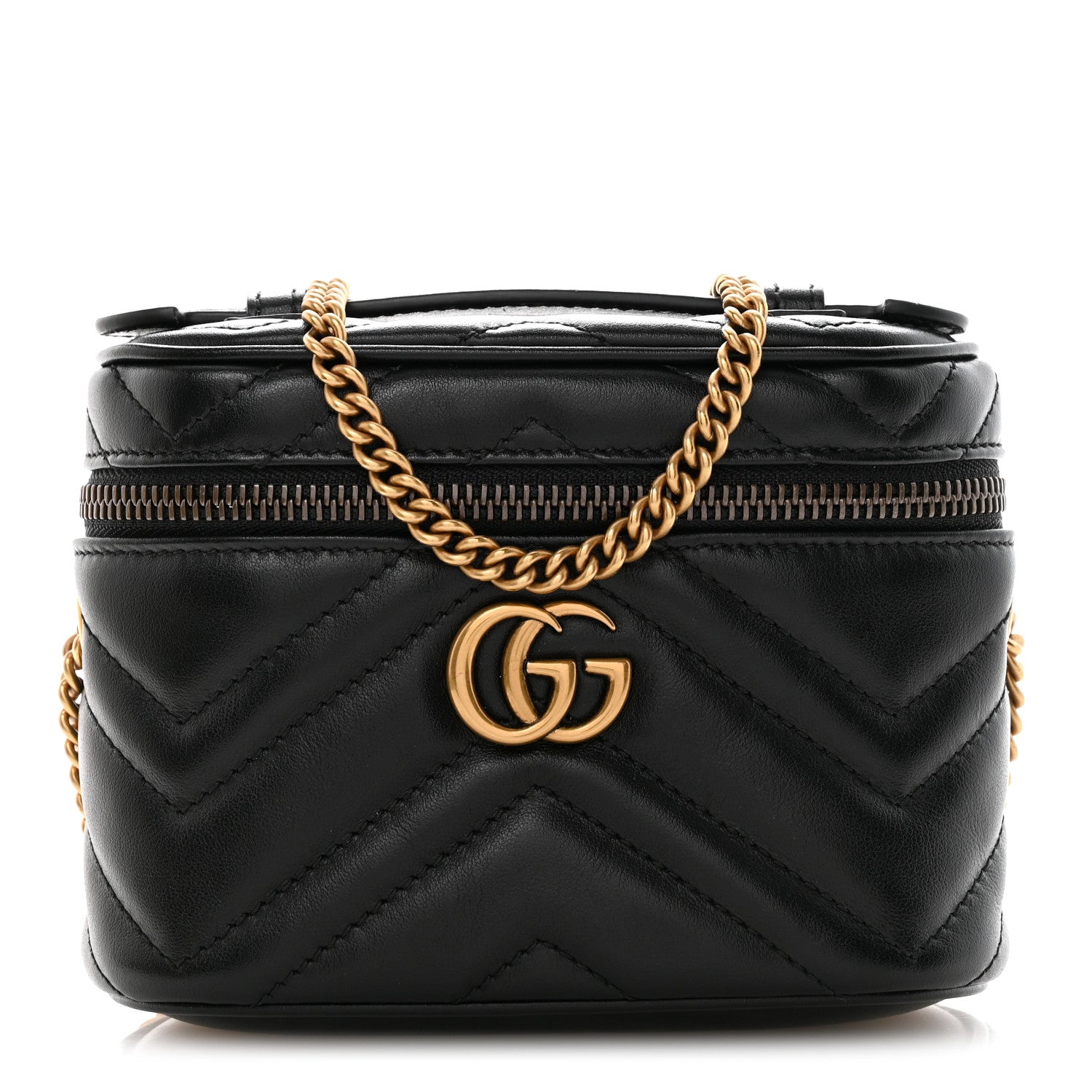 Calfskin Matelasse Chevron Mini GG Marmont Top Handle Bag Black