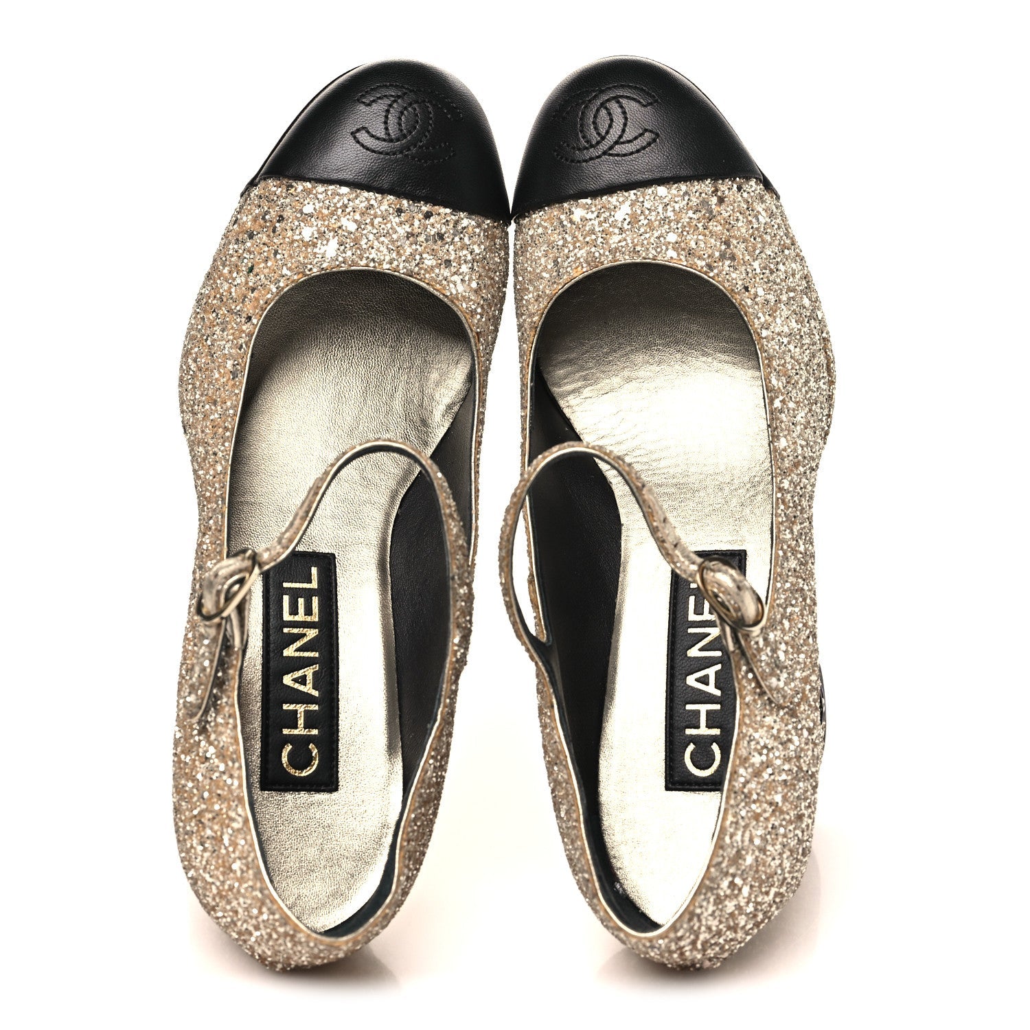 Glitter Lambskin Cap Toe CC Mary Jane Pumps 37 Light Gold Black