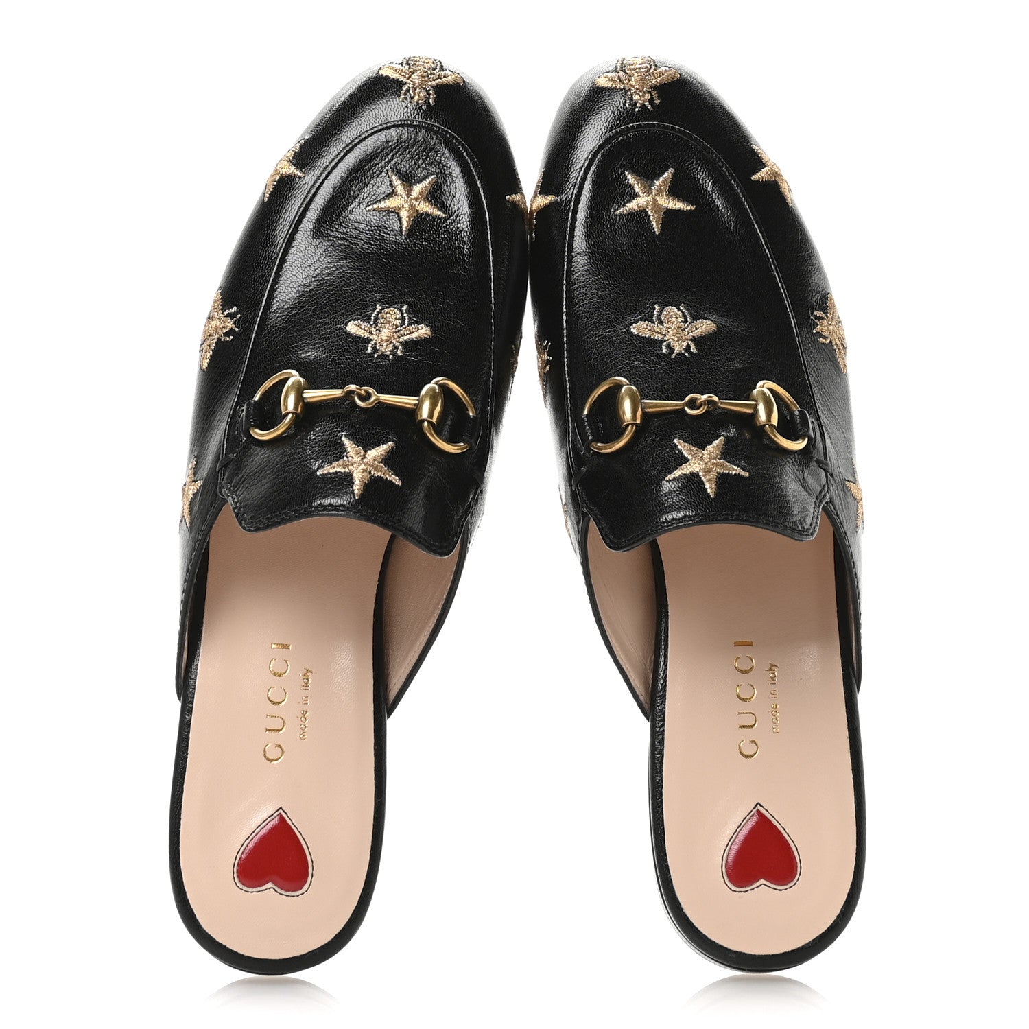 Goatskin Bee Star Embroidered Womens Princetown Slippers 35.5 Black