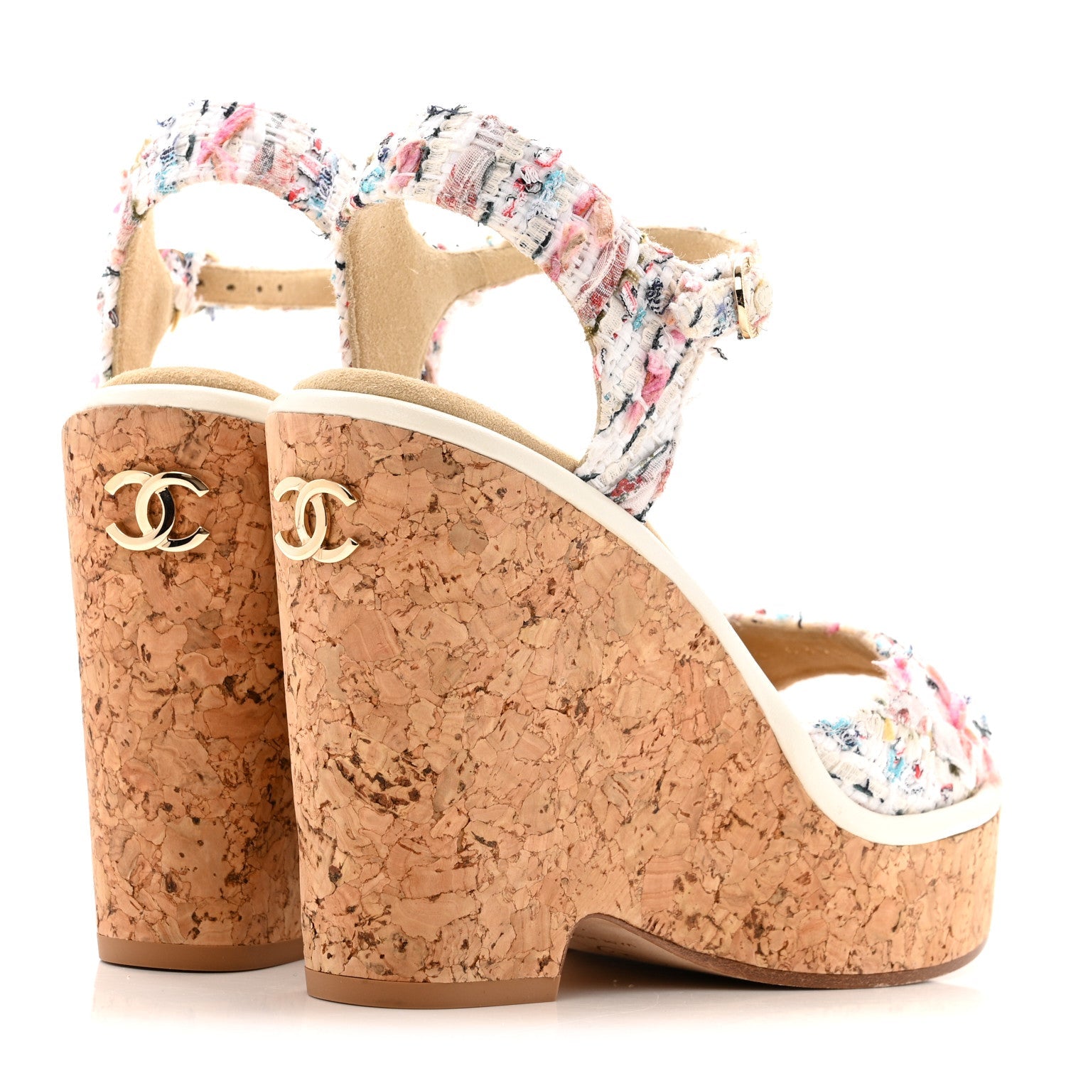 Tweed Cork CC Wedge Sandals 37 Ecru Pink Blue Green