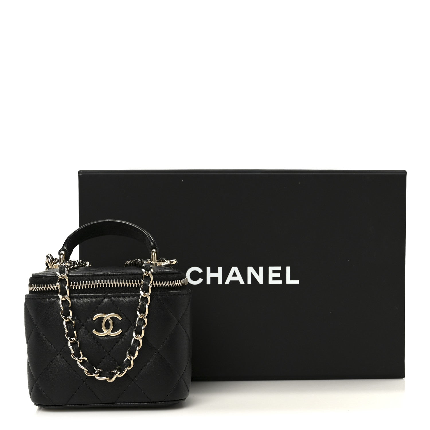 Lambskin Quilted Top Handle Mini Vanity Case With Chain Black