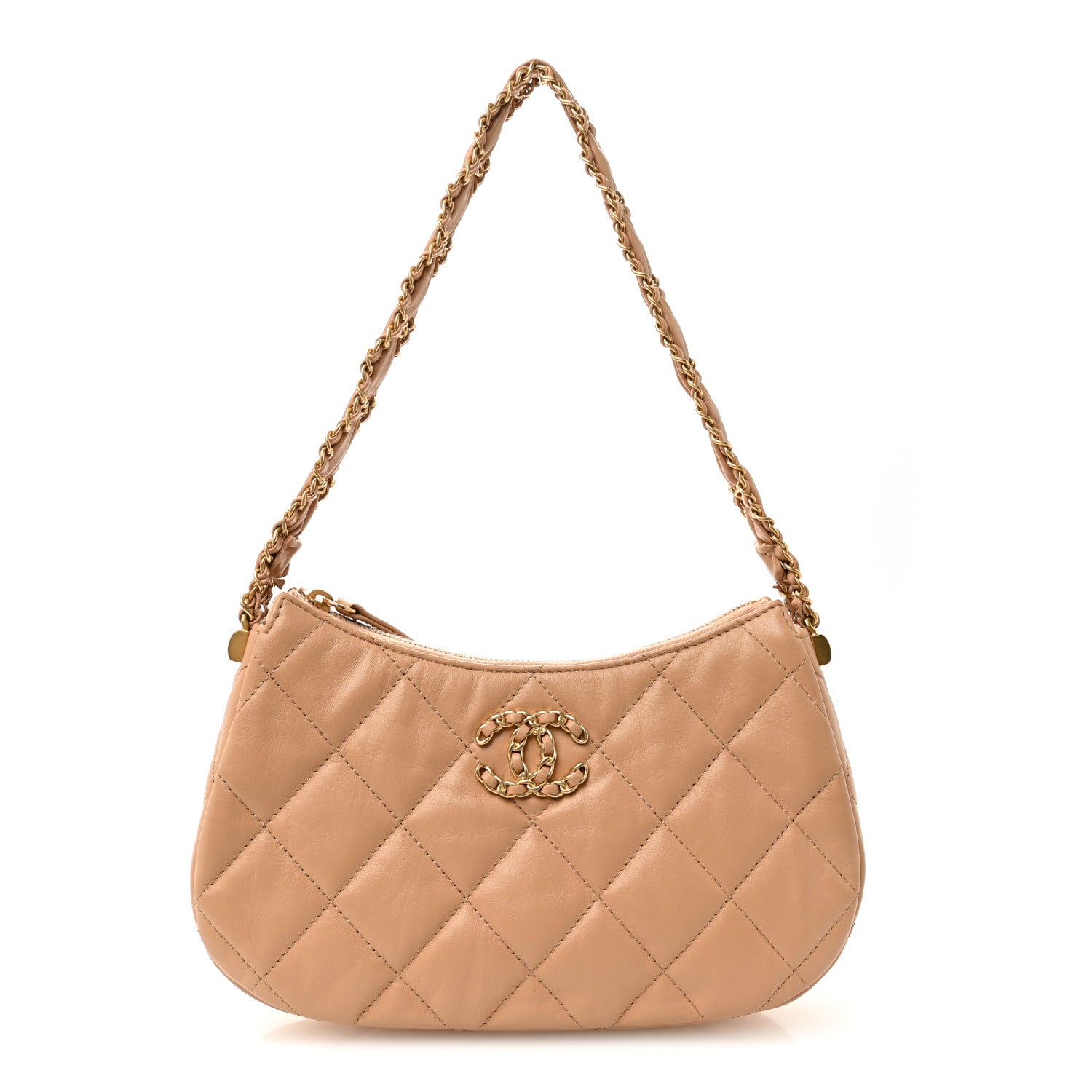 Crumpled Calfskin Quilted Braided CC Hobo Beige