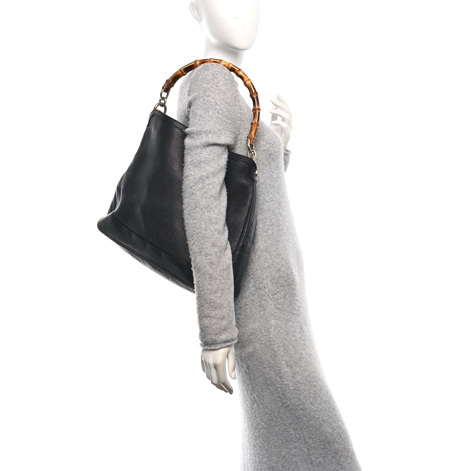 Pebbled Calfskin Medium Diana Bamboo Shoulder Bag Black