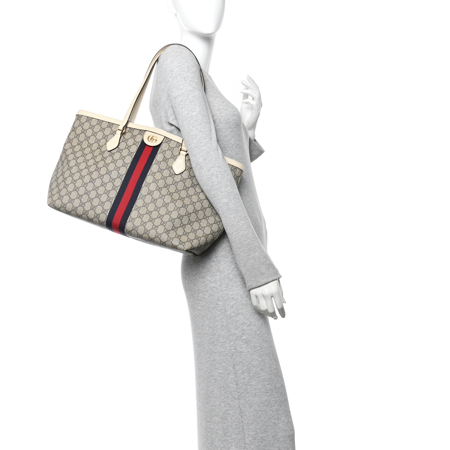 GG Supreme Monogram Textured Calfskin Web Medium Ophidia Shopping Tote Beige Ebony Mystic White