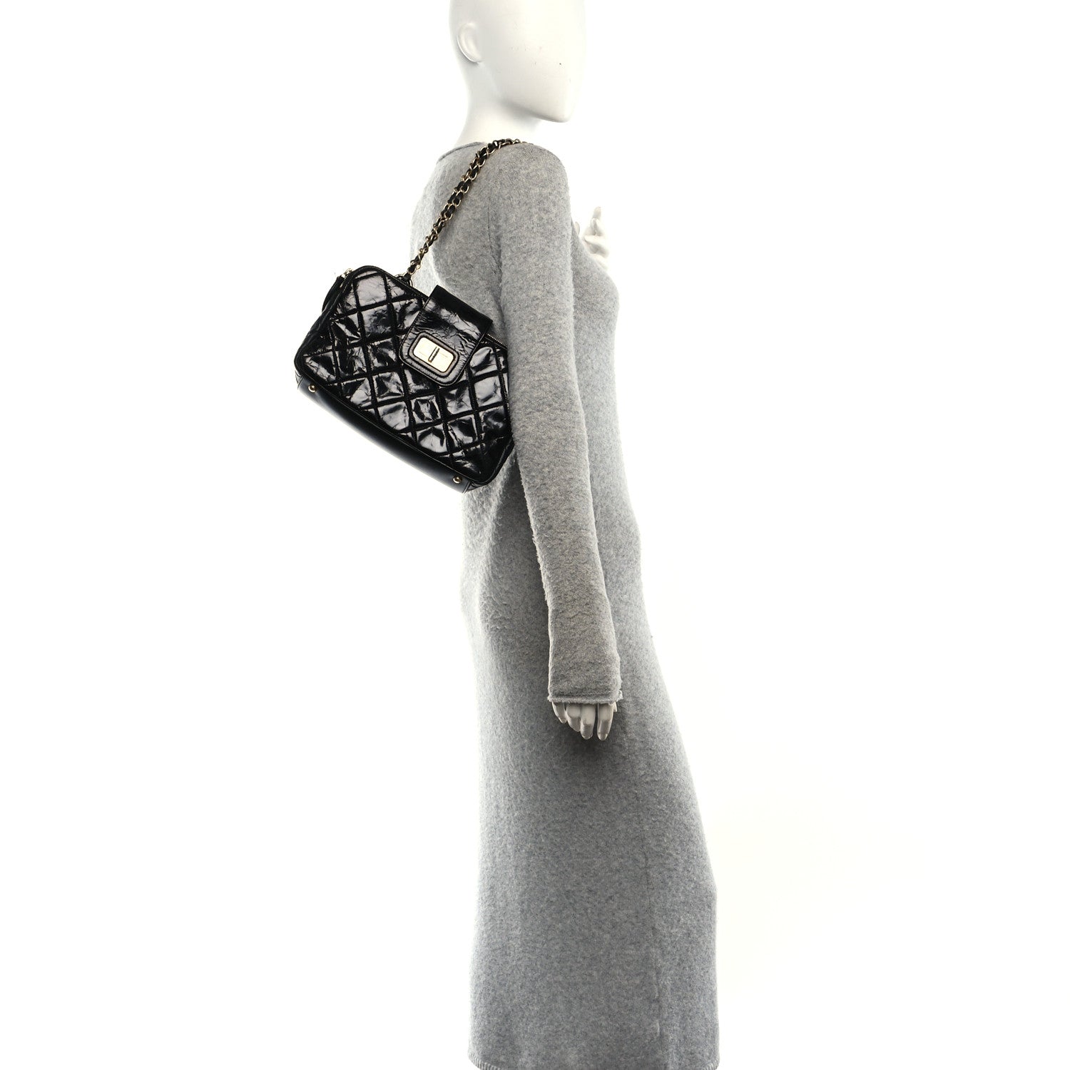 Glazed Crinkled Lambskin Small Reissue Zip Shopping Tote Black