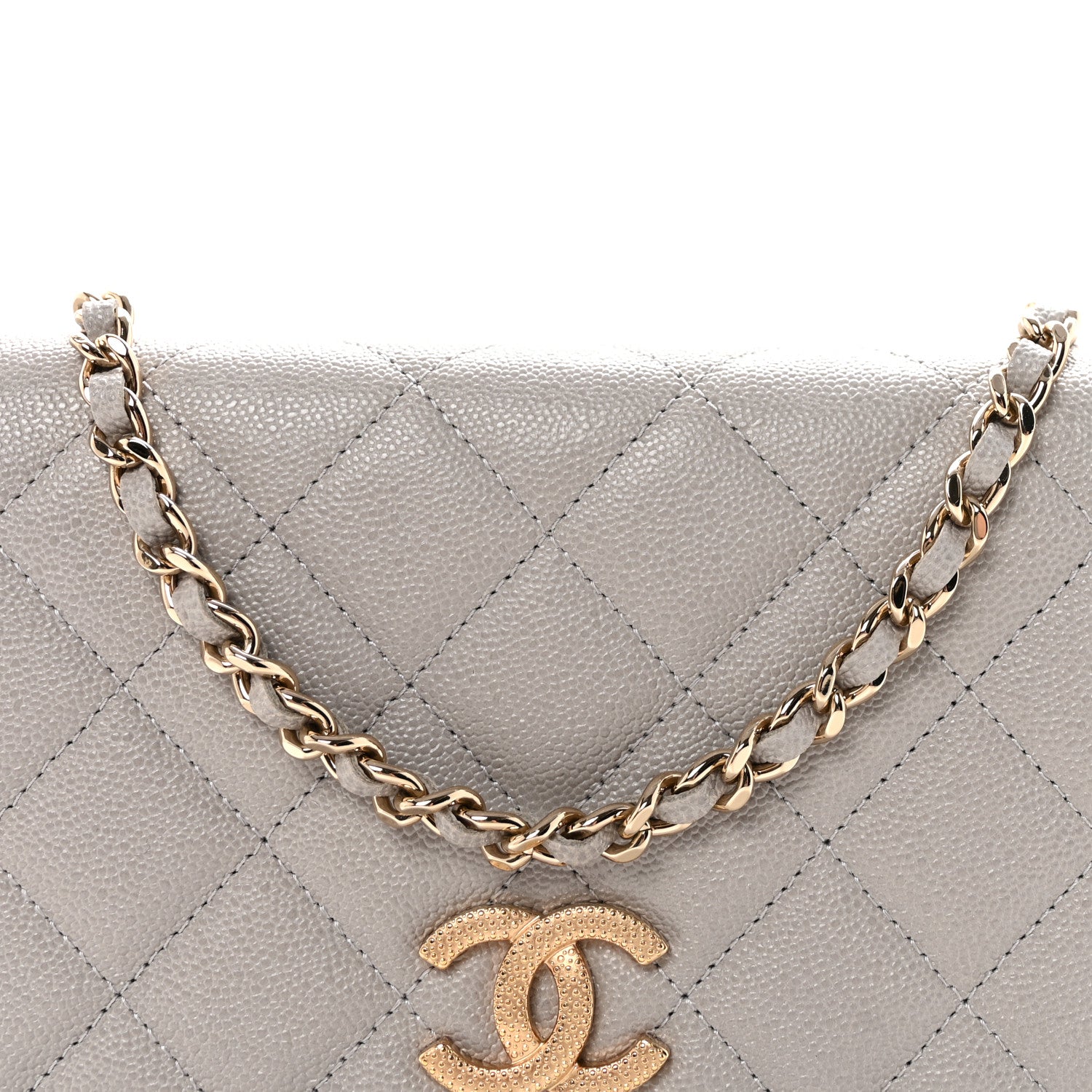 Caviar Quilted Studded CC Wallet On Chain WOC Grey