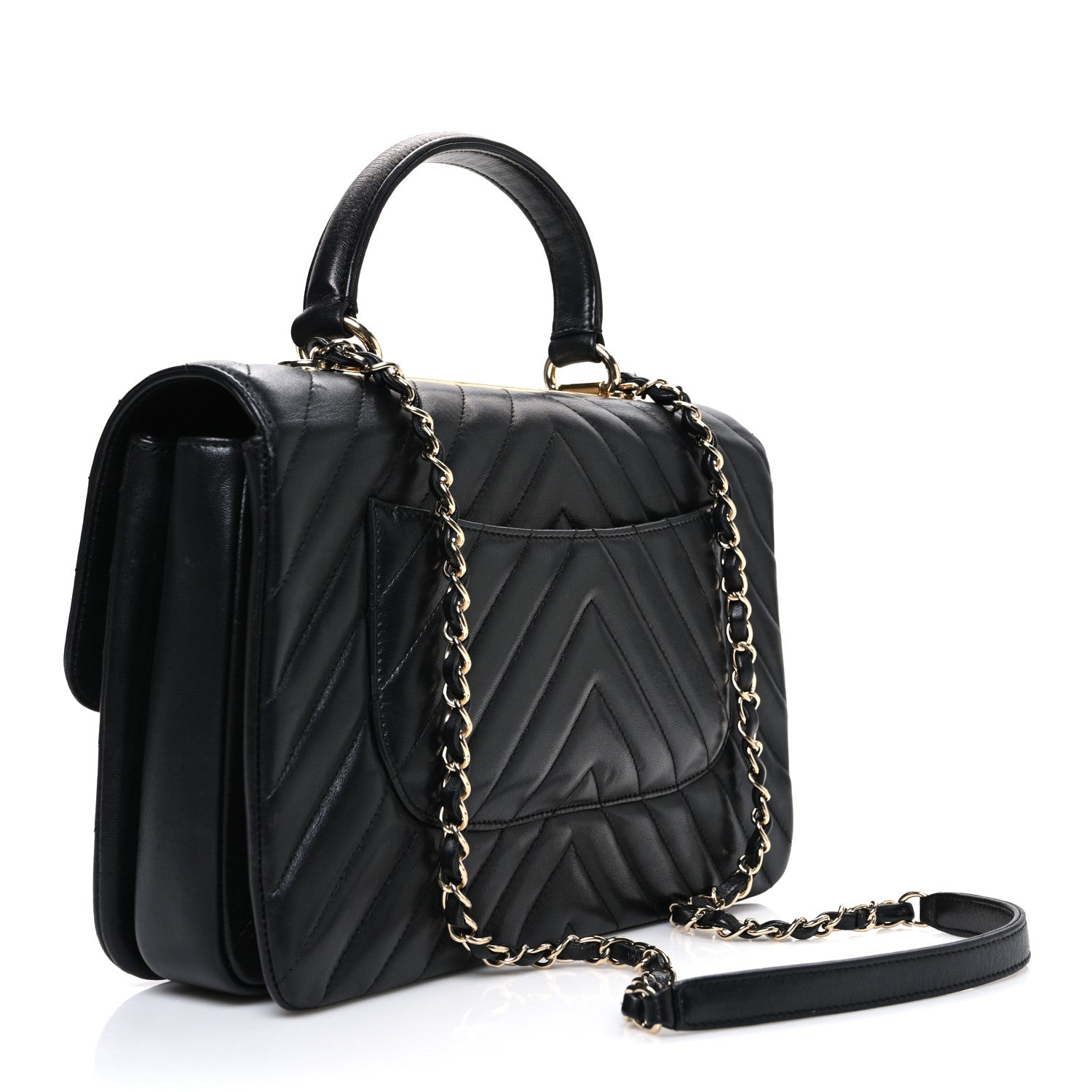 Lambskin Chevron Quilted Medium Trendy CC Dual Handle Flap Bag Black