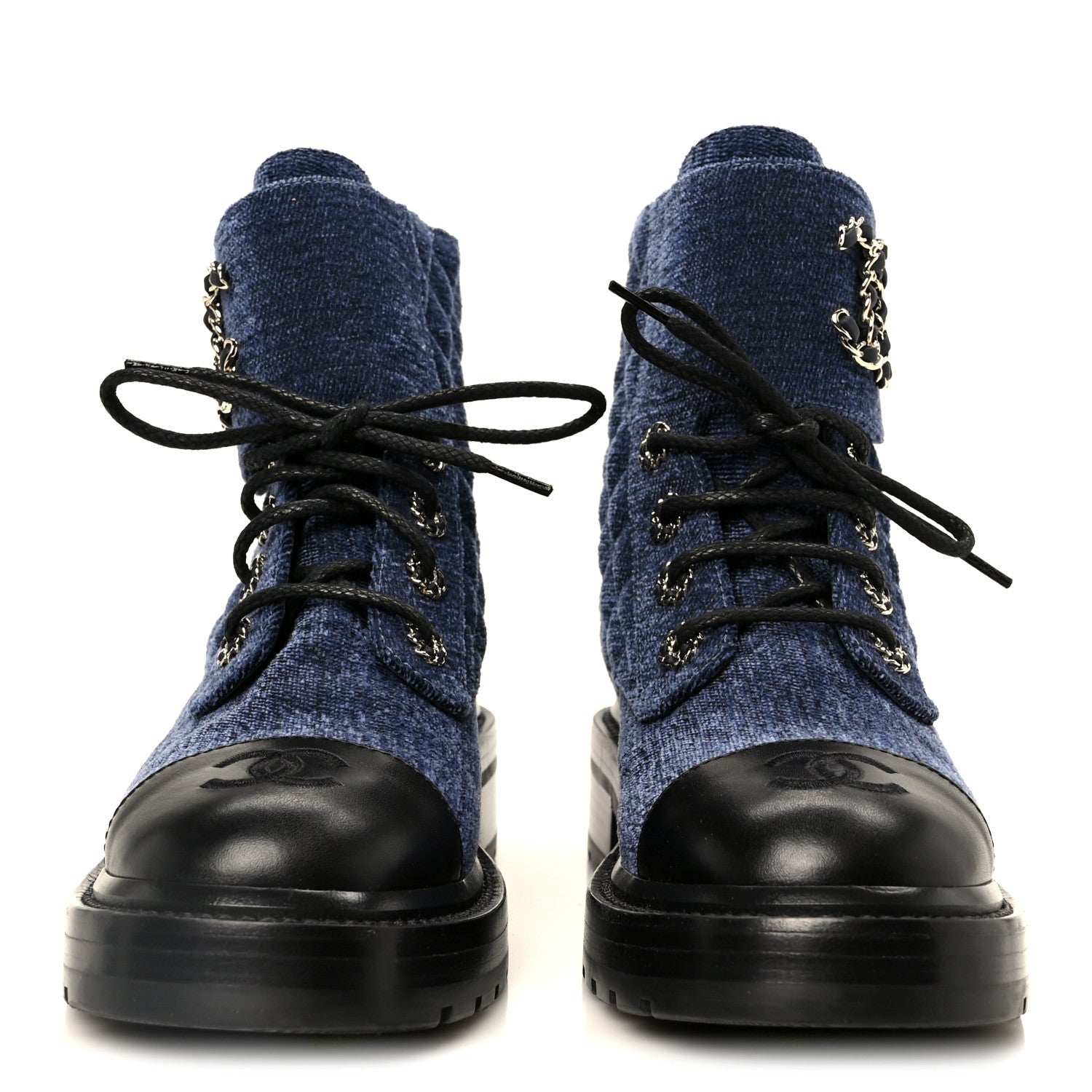Shiny Calfskin Velvet Quilted Lace Up Combat Boots 37 Blue