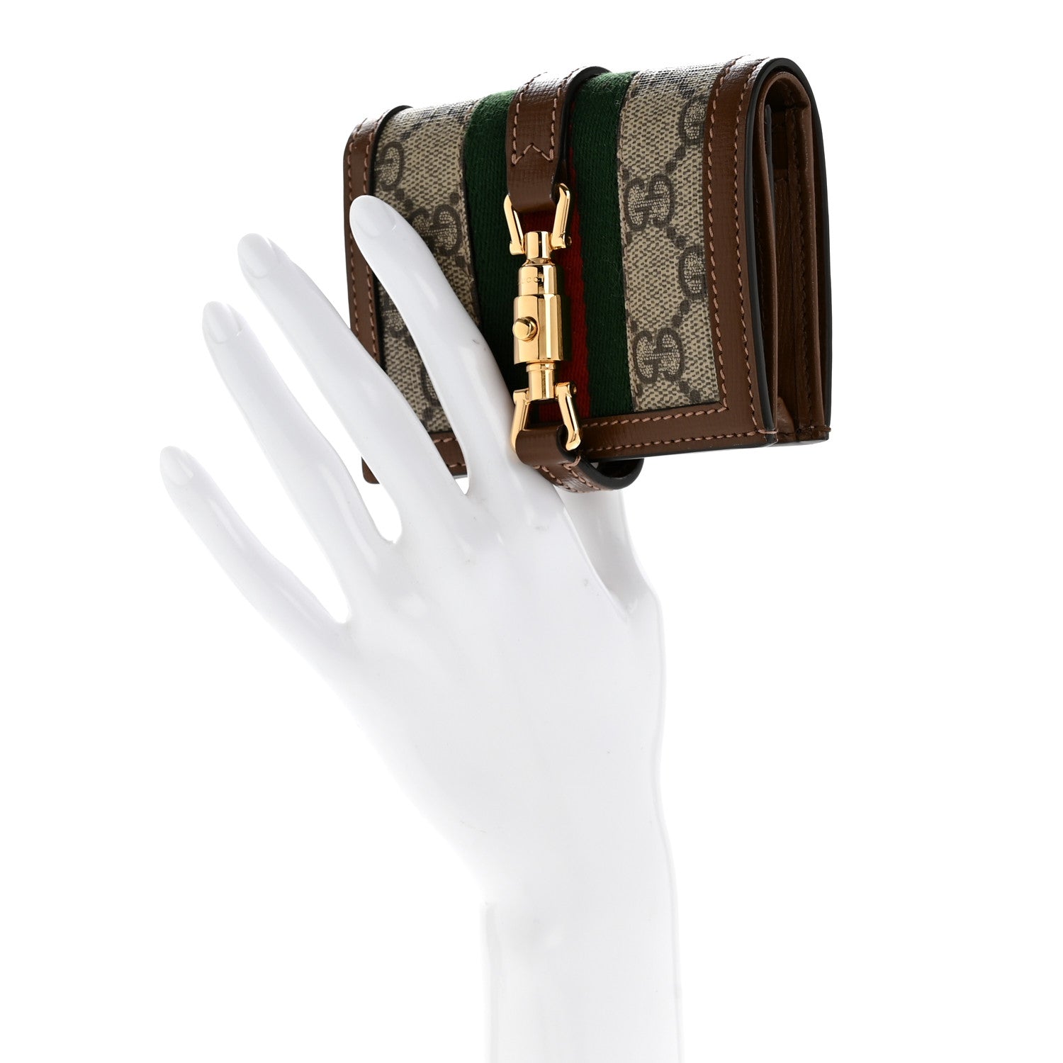 GG Supreme Monogram Textured Calfskin Web Jackie 1961 Card Case Beige Ebony Brown Sugar
