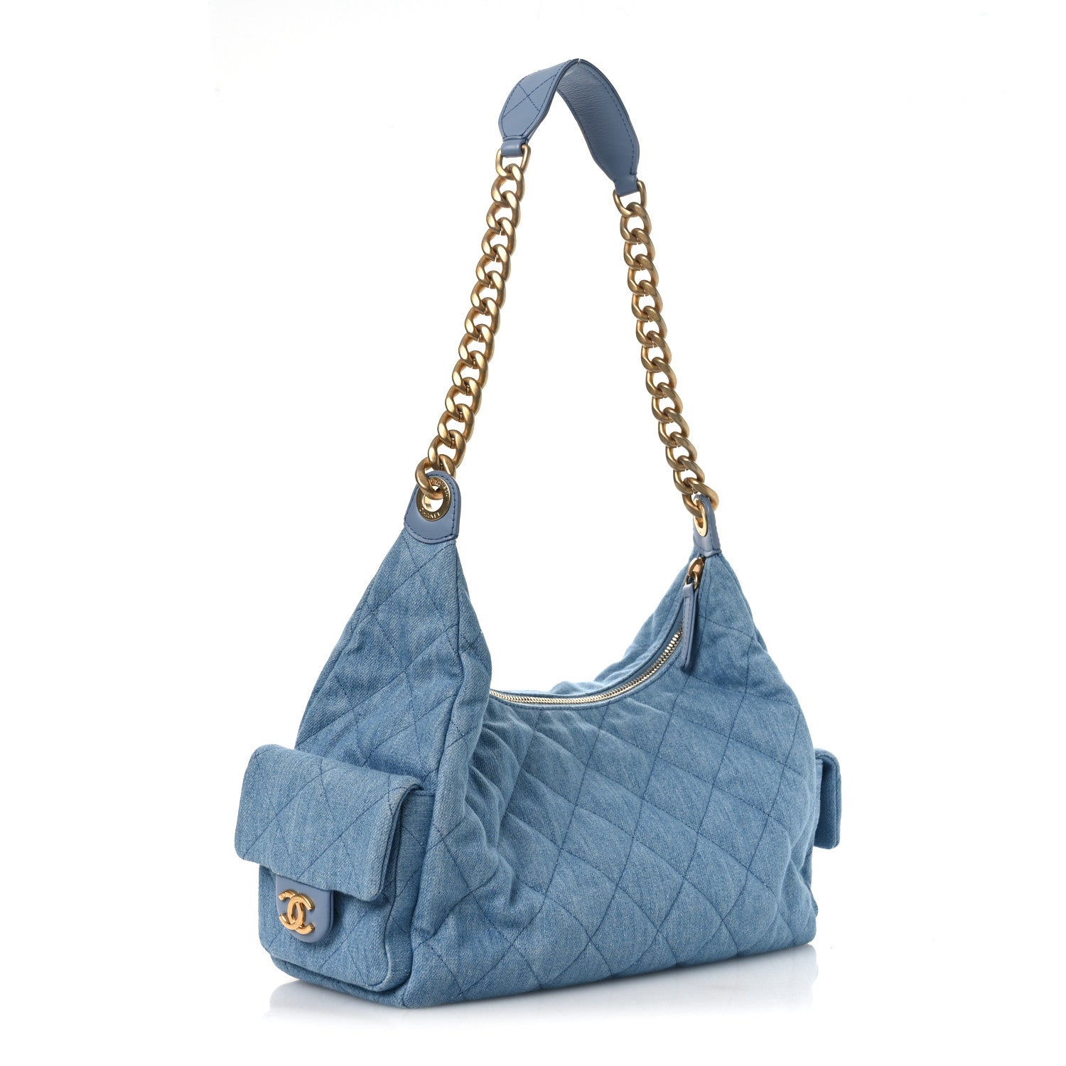 Washed Denim Quilted Large Trendy Pockets Hobo Blue