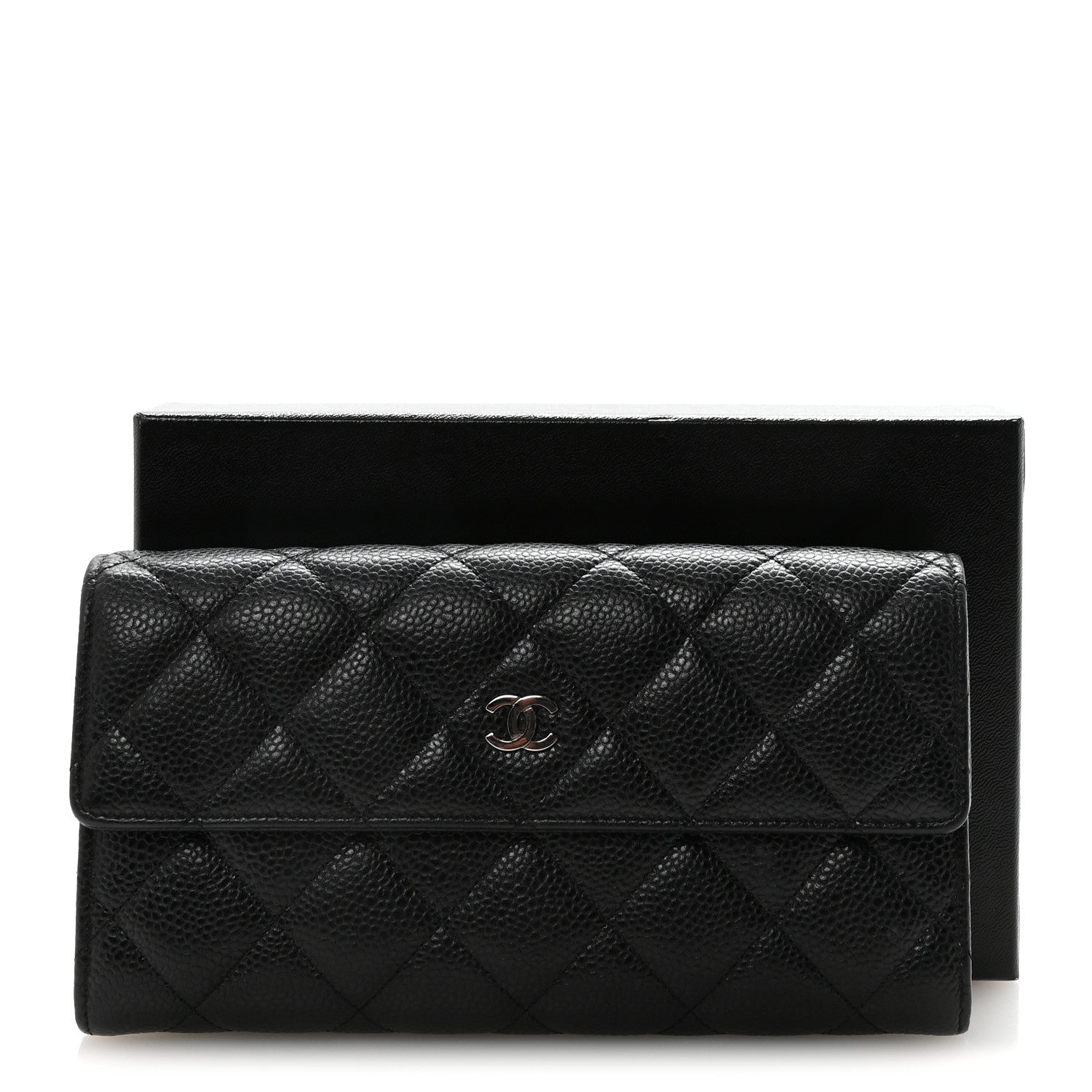 Caviar Quilted Large Gusset Flap Wallet Black