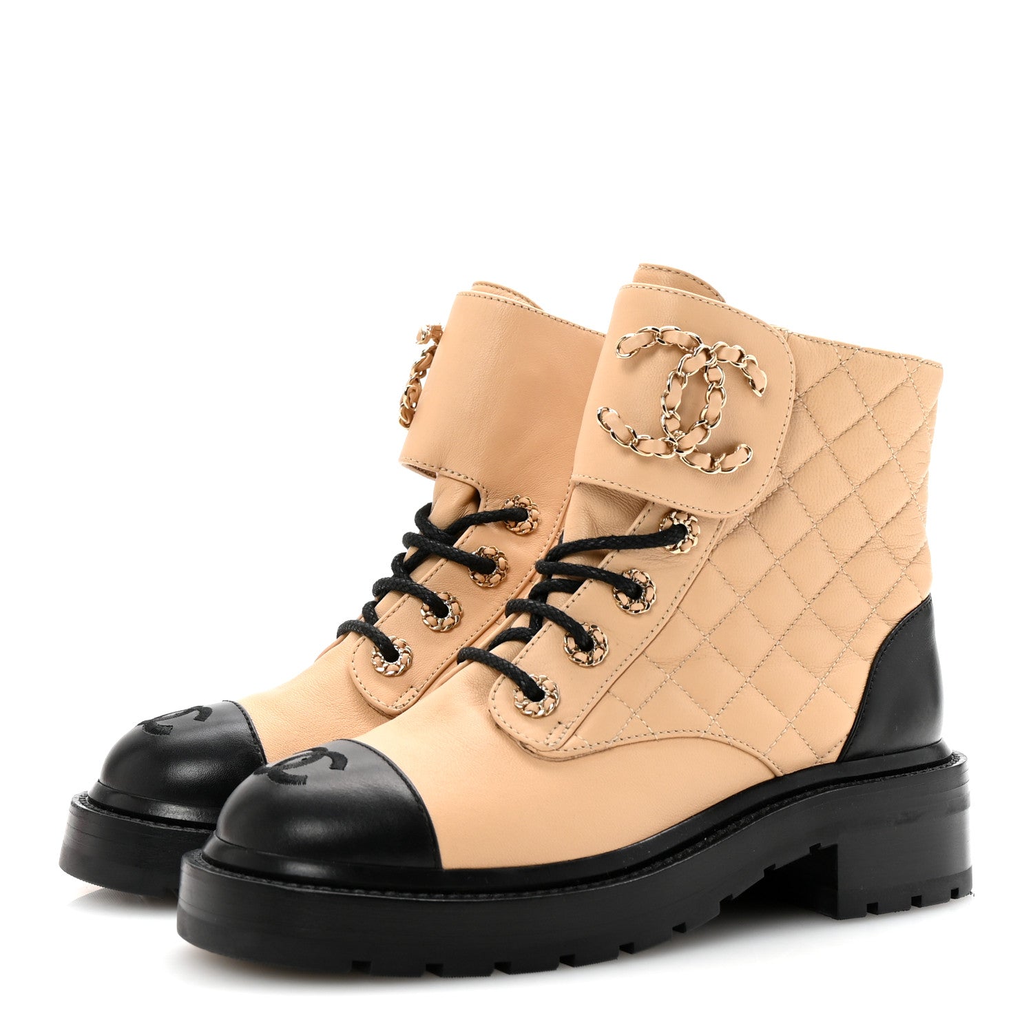 Lambskin Calfskin Quilted Lace Up Combat Boots 35.5 Beige Black