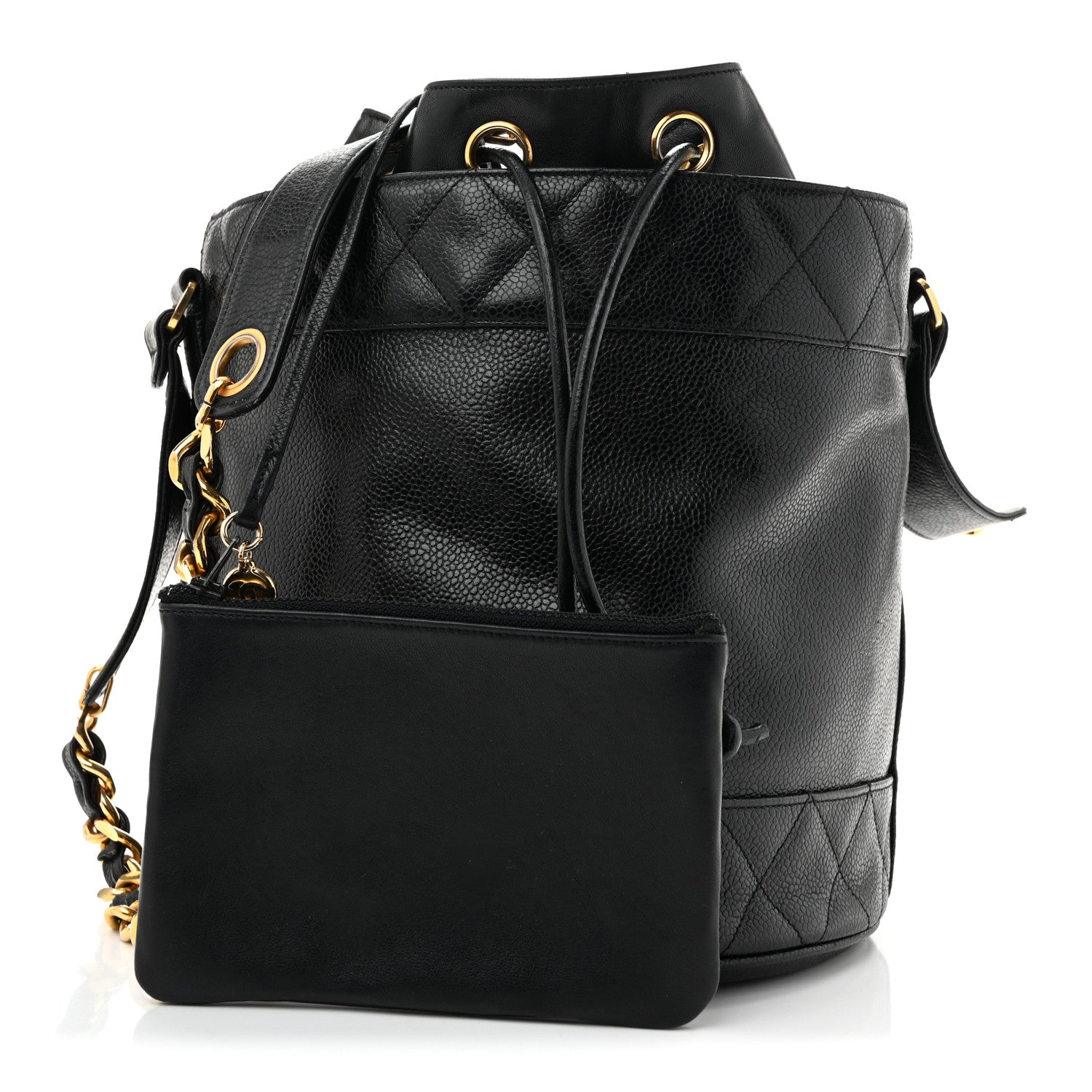 Caviar Drawstring Bucket Shoulder Bag Black