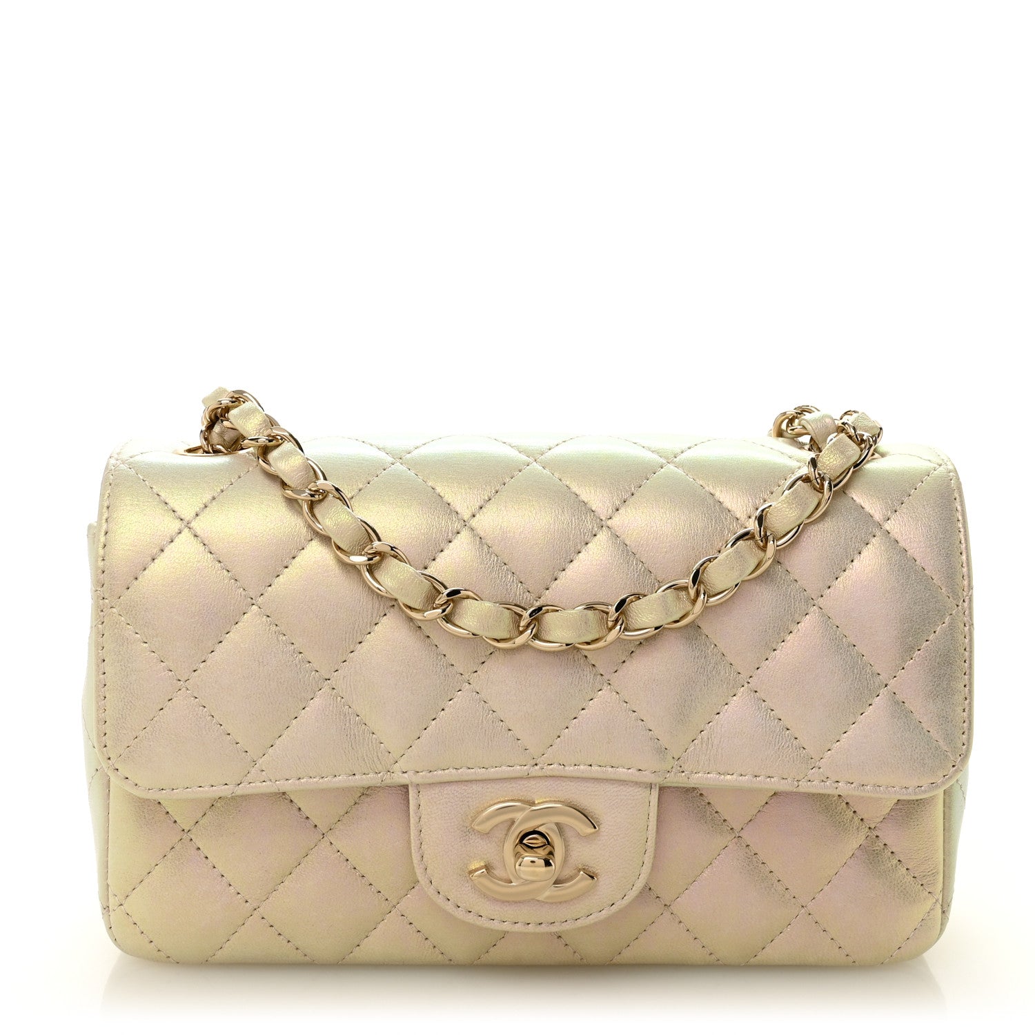 Iridescent Lambskin Quilted Mini Rectangular Flap Ivory
