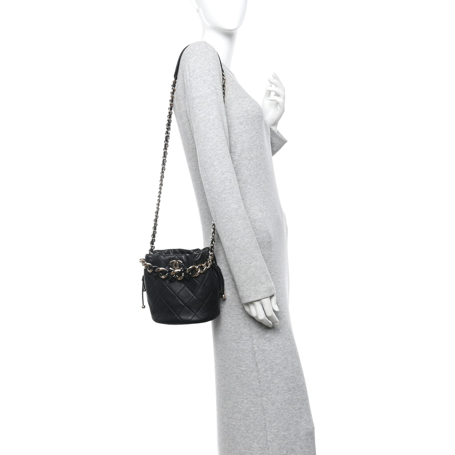Lambskin Quilted Resin Bi-Color Chain Bucket Bag Black
