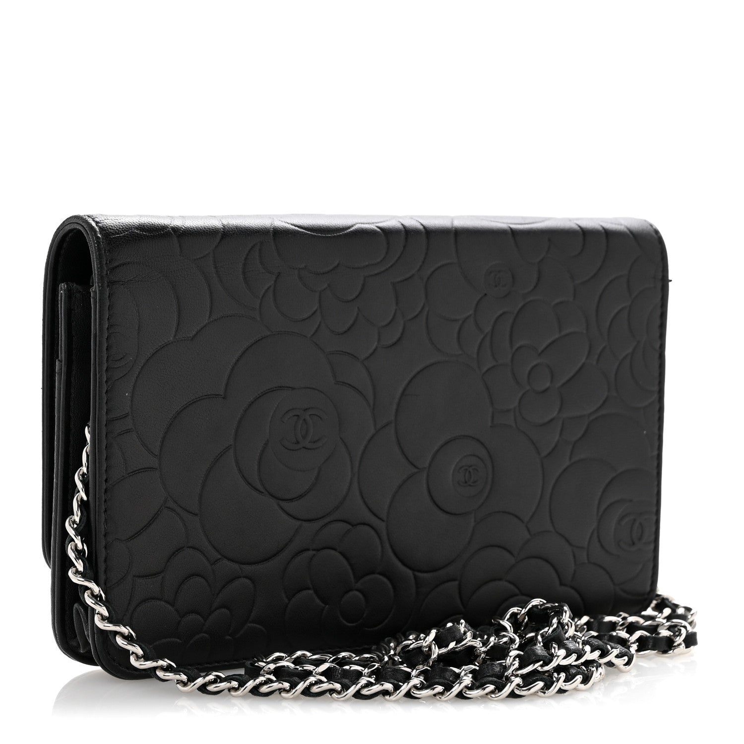 Lambskin Camellia Embossed Wallet On Chain WOC Black