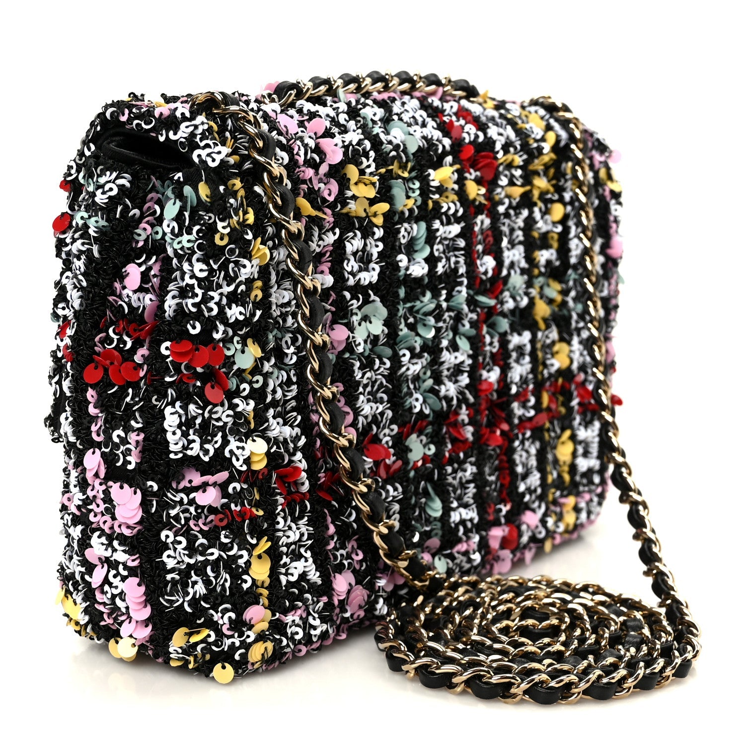 Tweed Sequin Small Single Flap Black Red Multicolor
