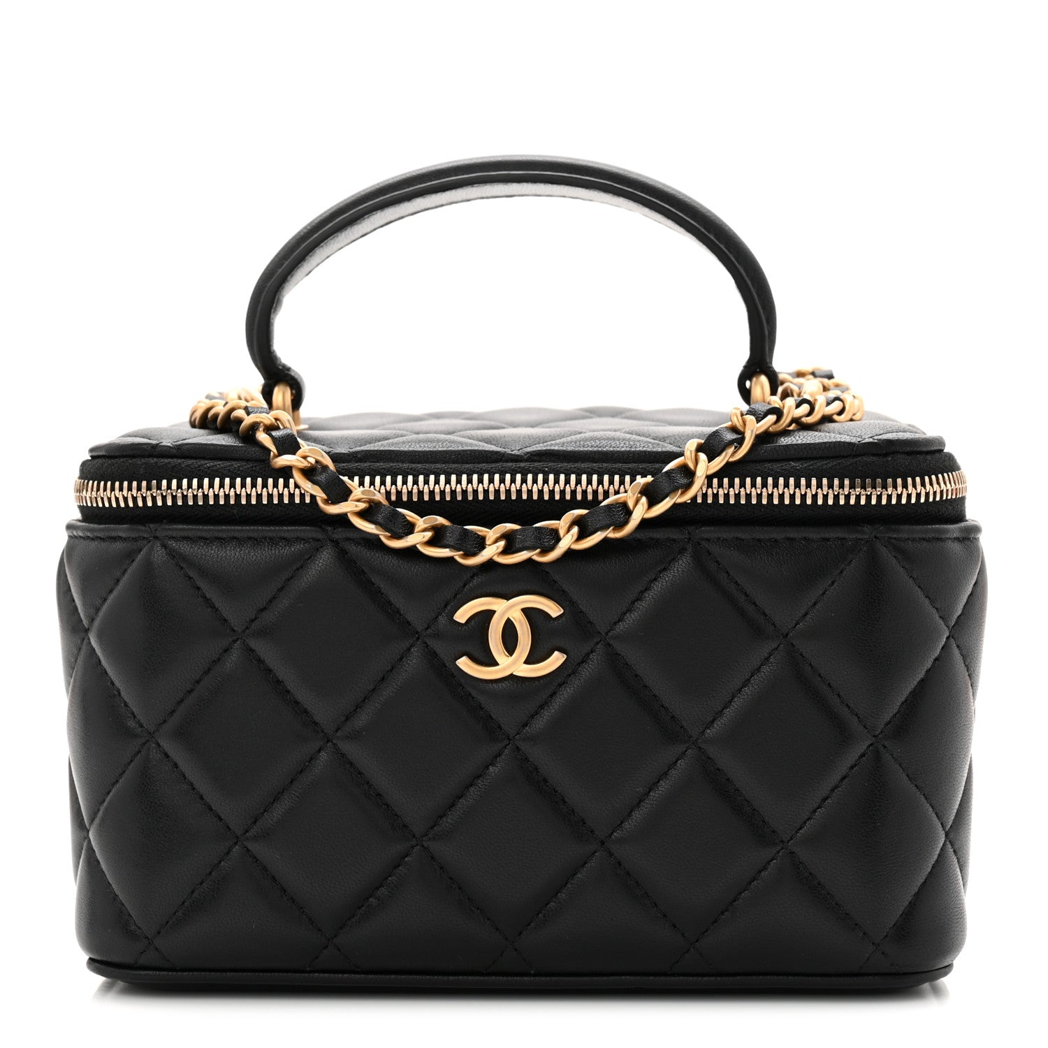 Lambskin Quilted Small Top Handle Vanity Case With Chain Black