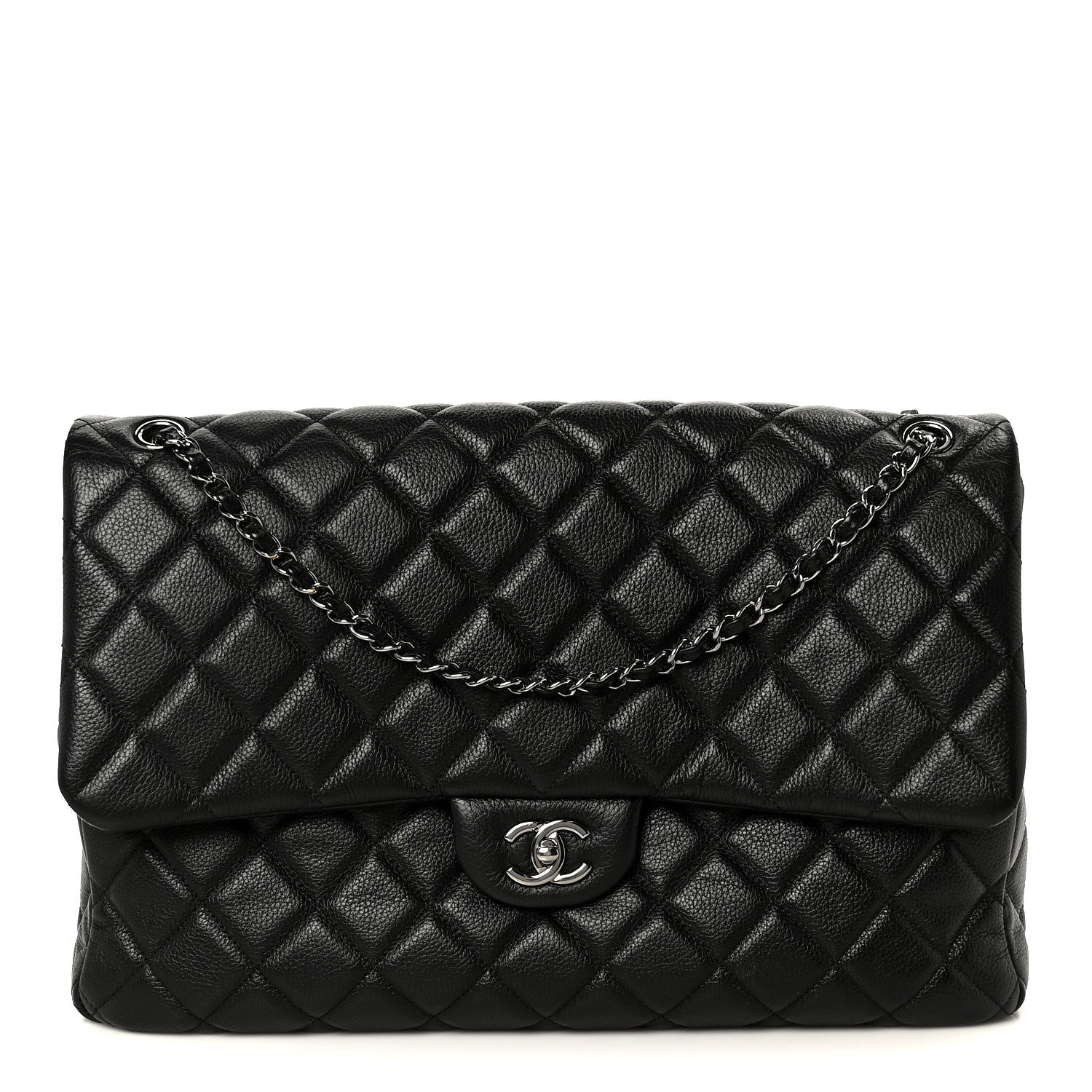 Calfskin Quilted XXL Travel Flap Bag Black
