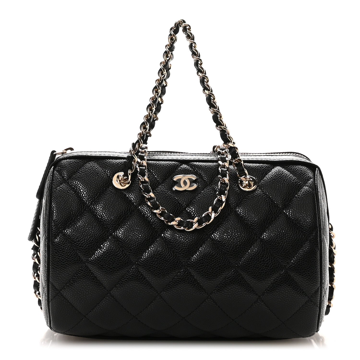 Caviar Quilted Barrel Clutch With Chain Black