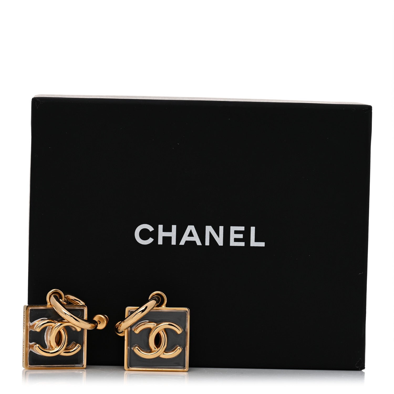 Metal Resin CC Square Drop Earrings Gold Transparent