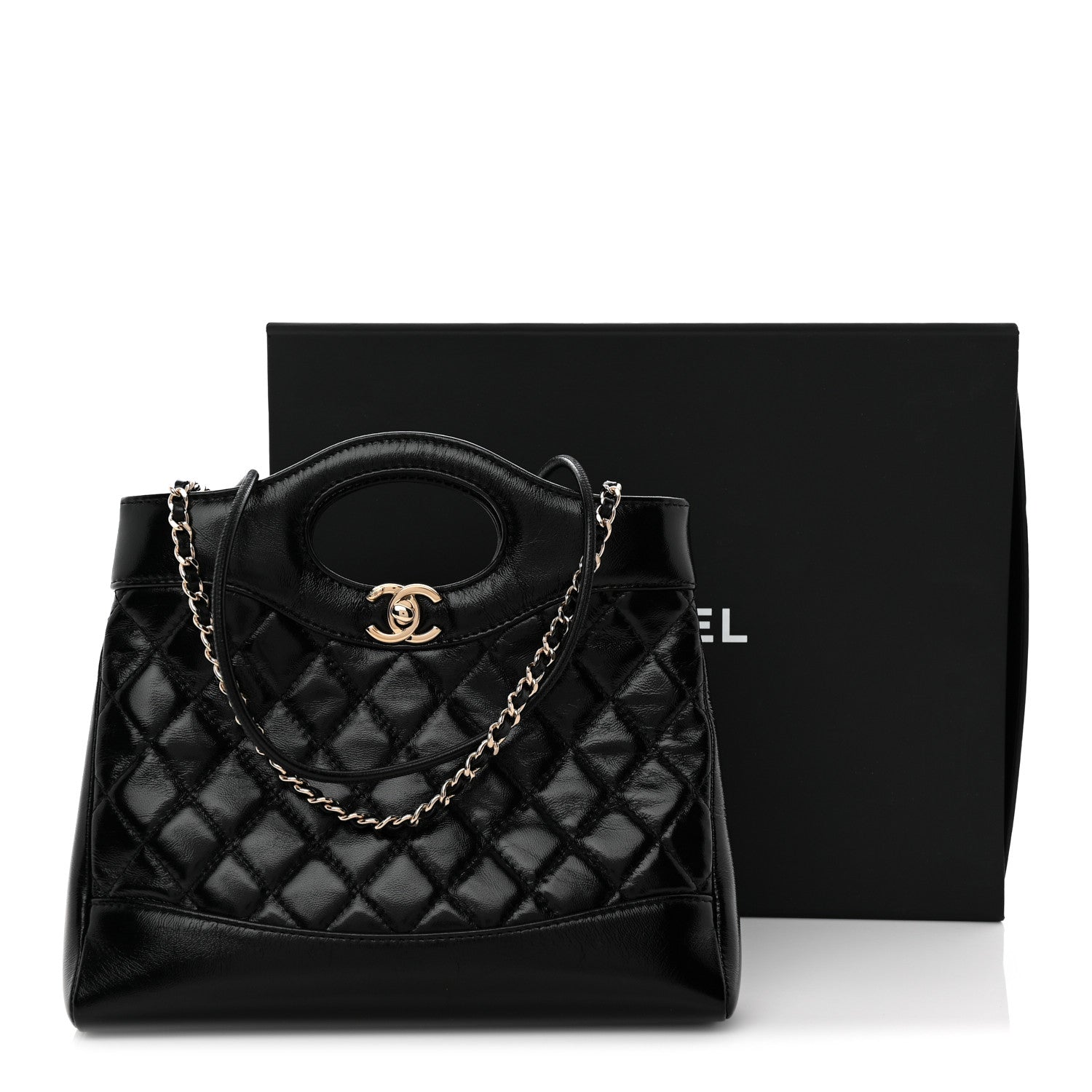 Shiny Lambskin Quilted Mini 31 Shopping Bag Black