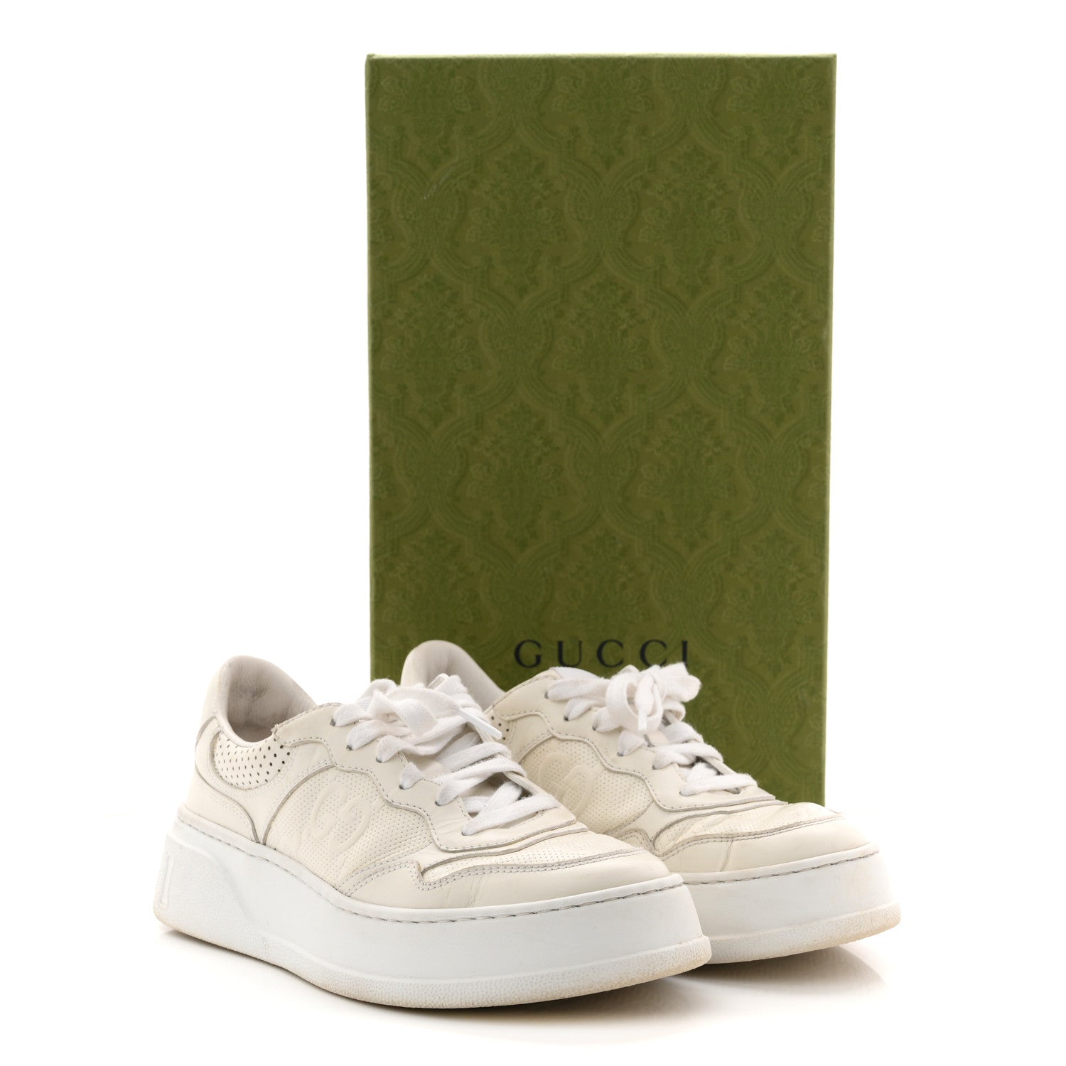 Calfskin GG Tennis Embossed Perforated Womens Platform 55mm Sneakers 37 Great White