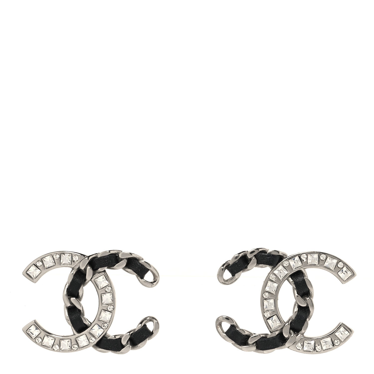 Crystal Baguette Lambskin Chain CC Vintage Allure Stud Earrings Black Silver