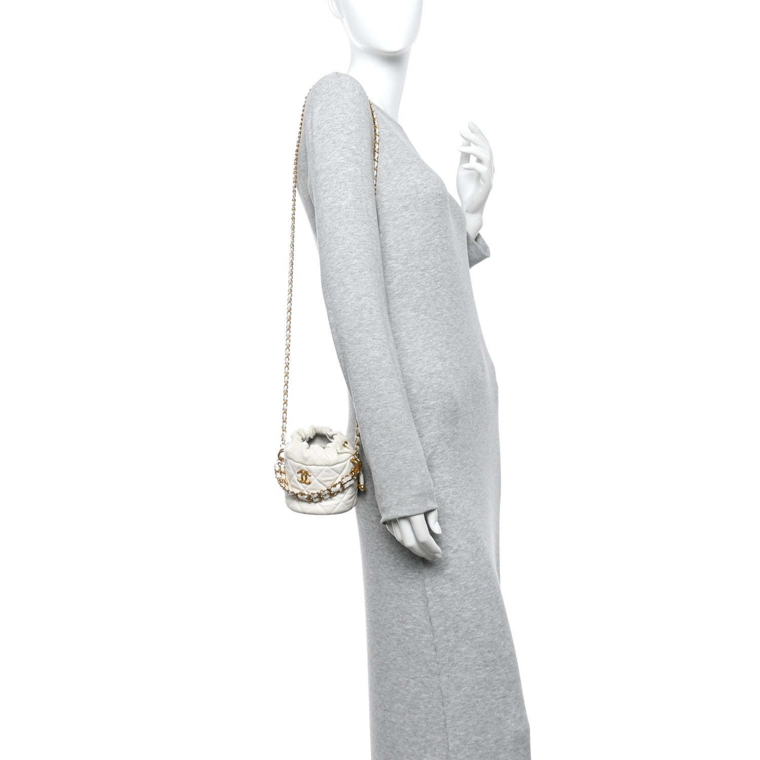 Caviar Quilted Coco First Bucket Clutch With Chain White