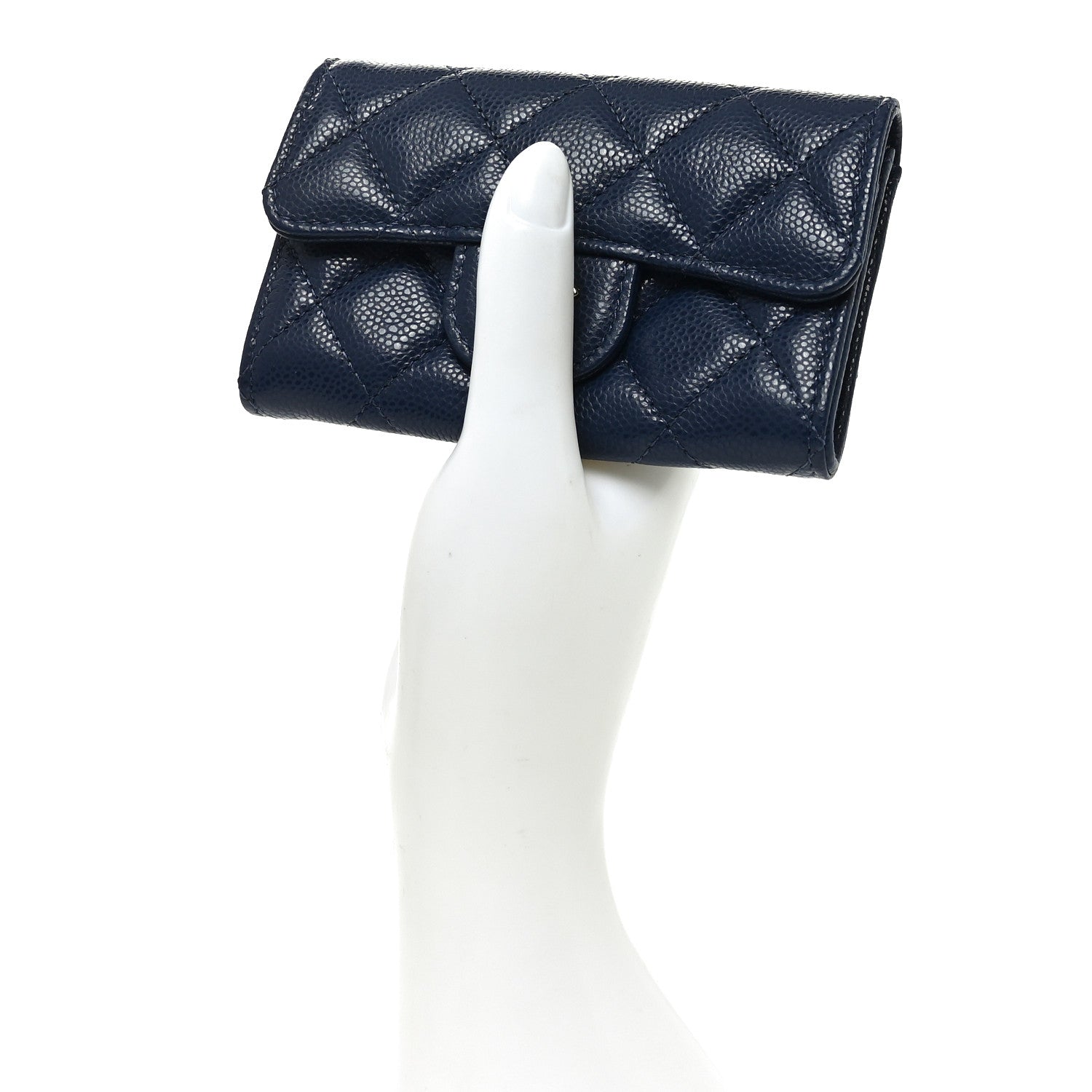 Caviar Quilted Flap Card Holder Wallet Navy Blue