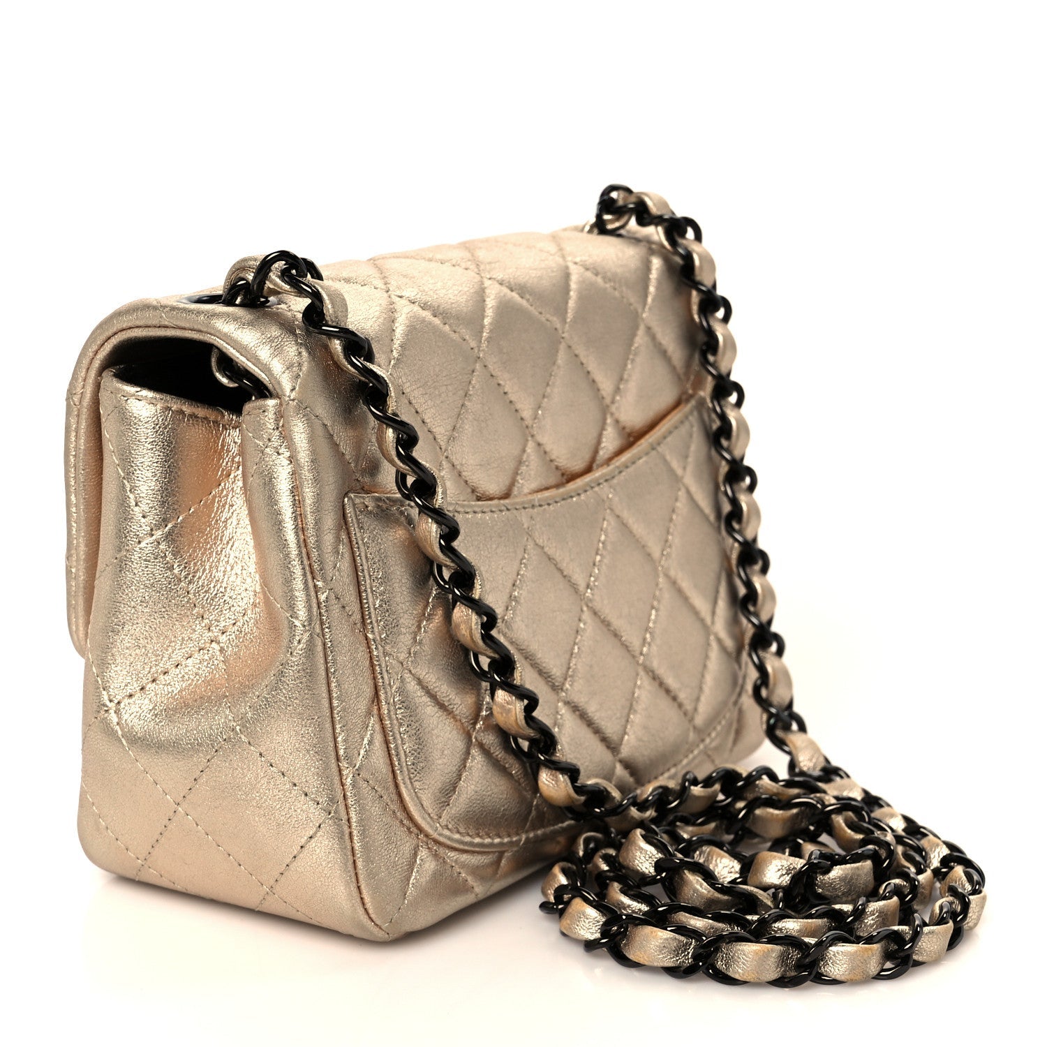 Metallic Lambskin Quilted Mini Square Flap Gold Black