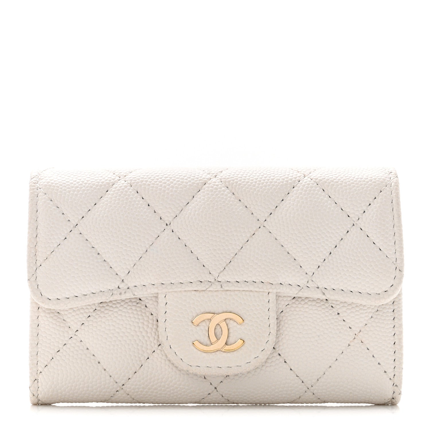 Caviar Quilted Flap Card Holder Wallet White