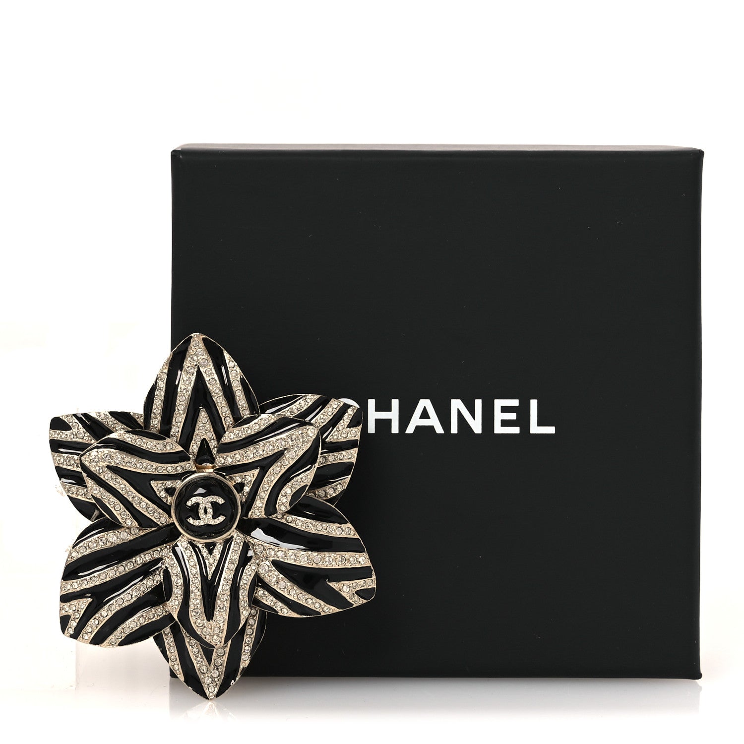 Metal Enamel Crystal CC Camelia Brooch Gold Black