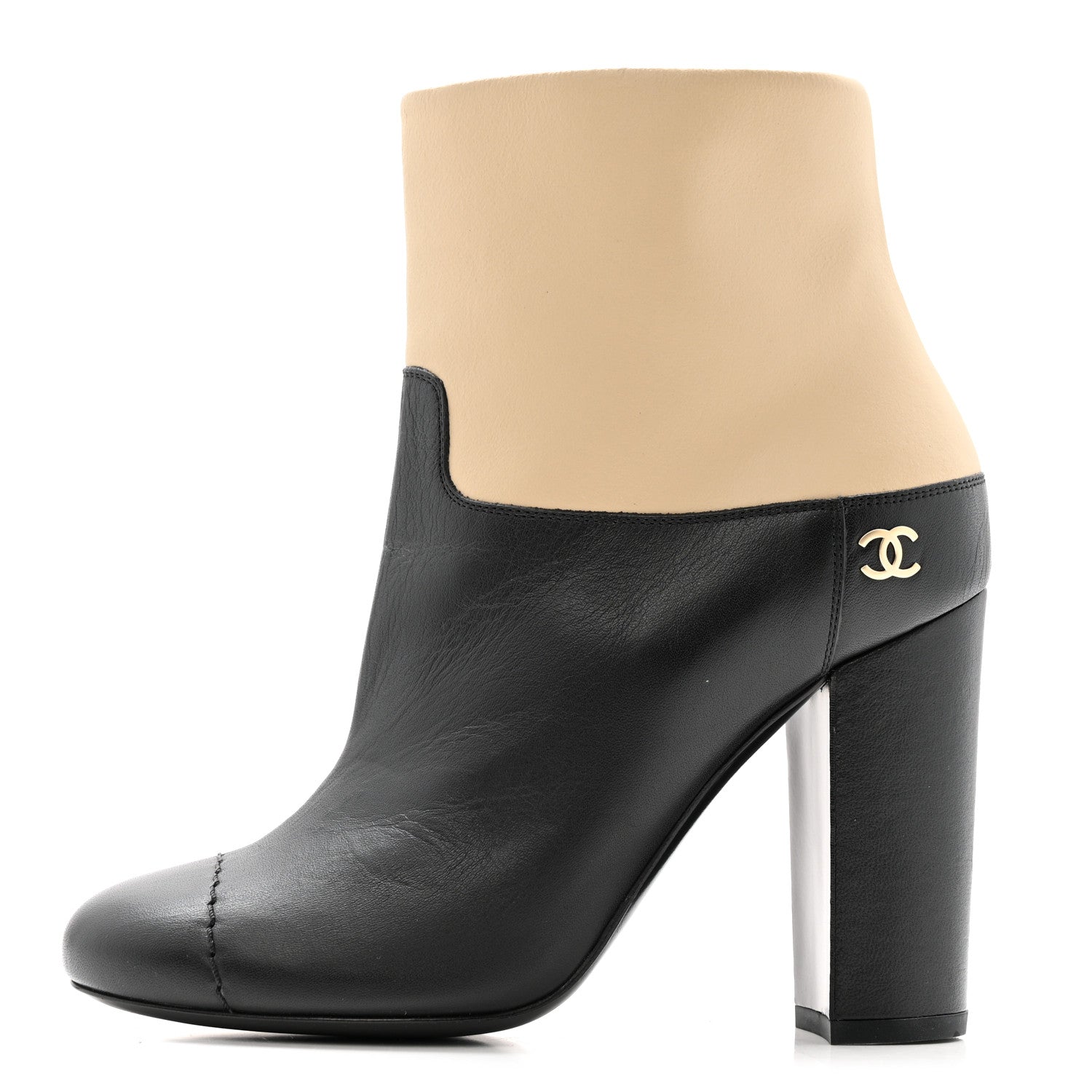 Tumbled Calfskin CC Short Boots 36 Beige Black